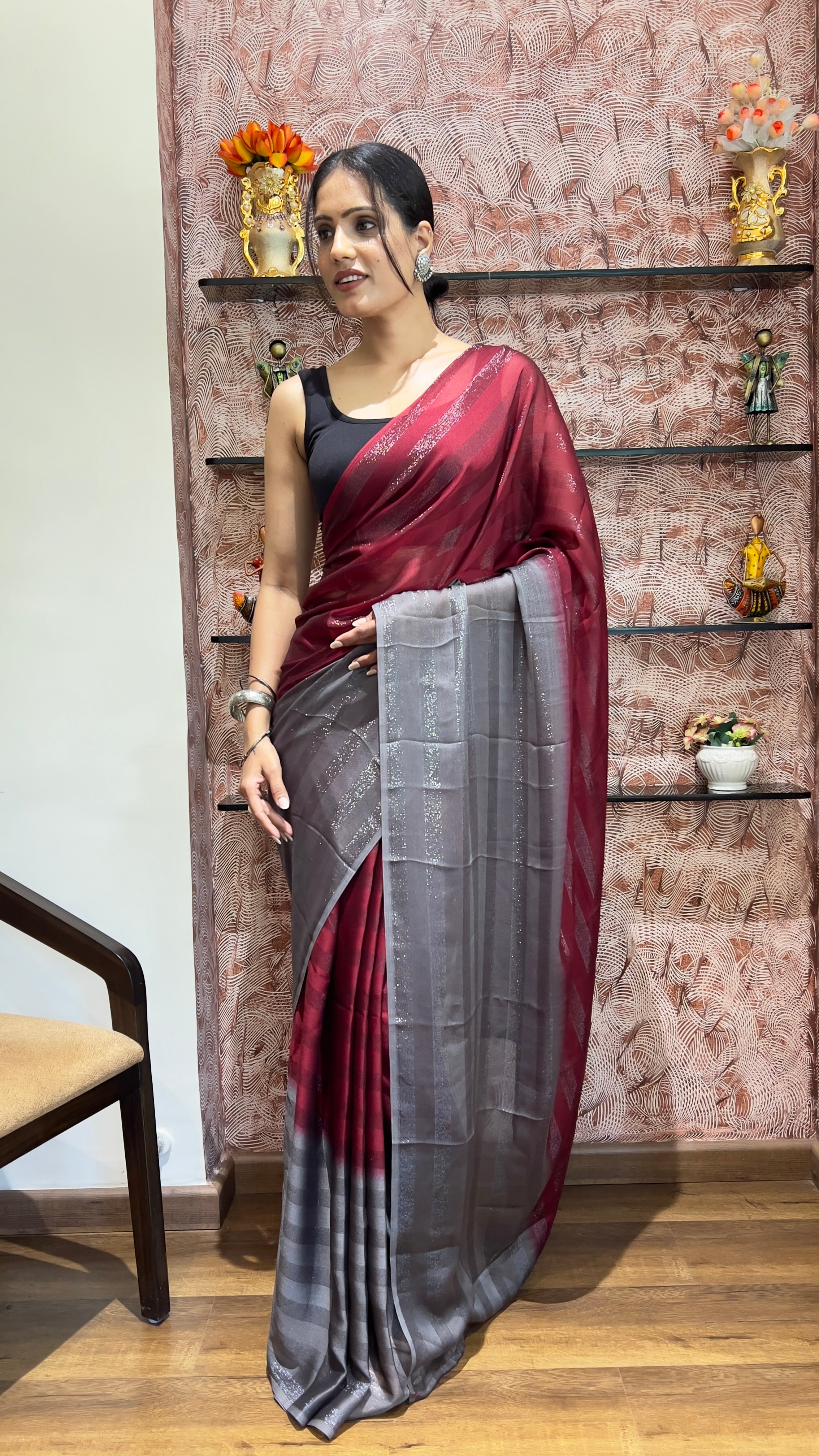 One Minute Ready To Wear New Premium Quality Garnet Beauty Nylone Rimzim saree