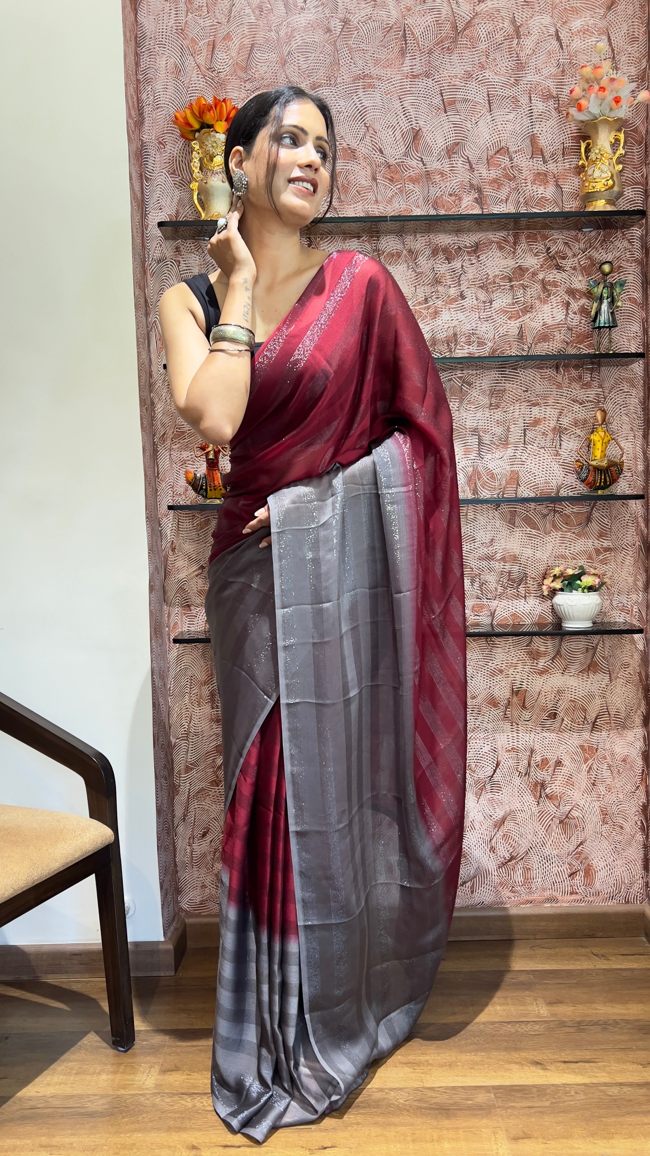 One Minute Ready To Wear New Premium Quality Garnet Beauty Nylone Rimzim saree