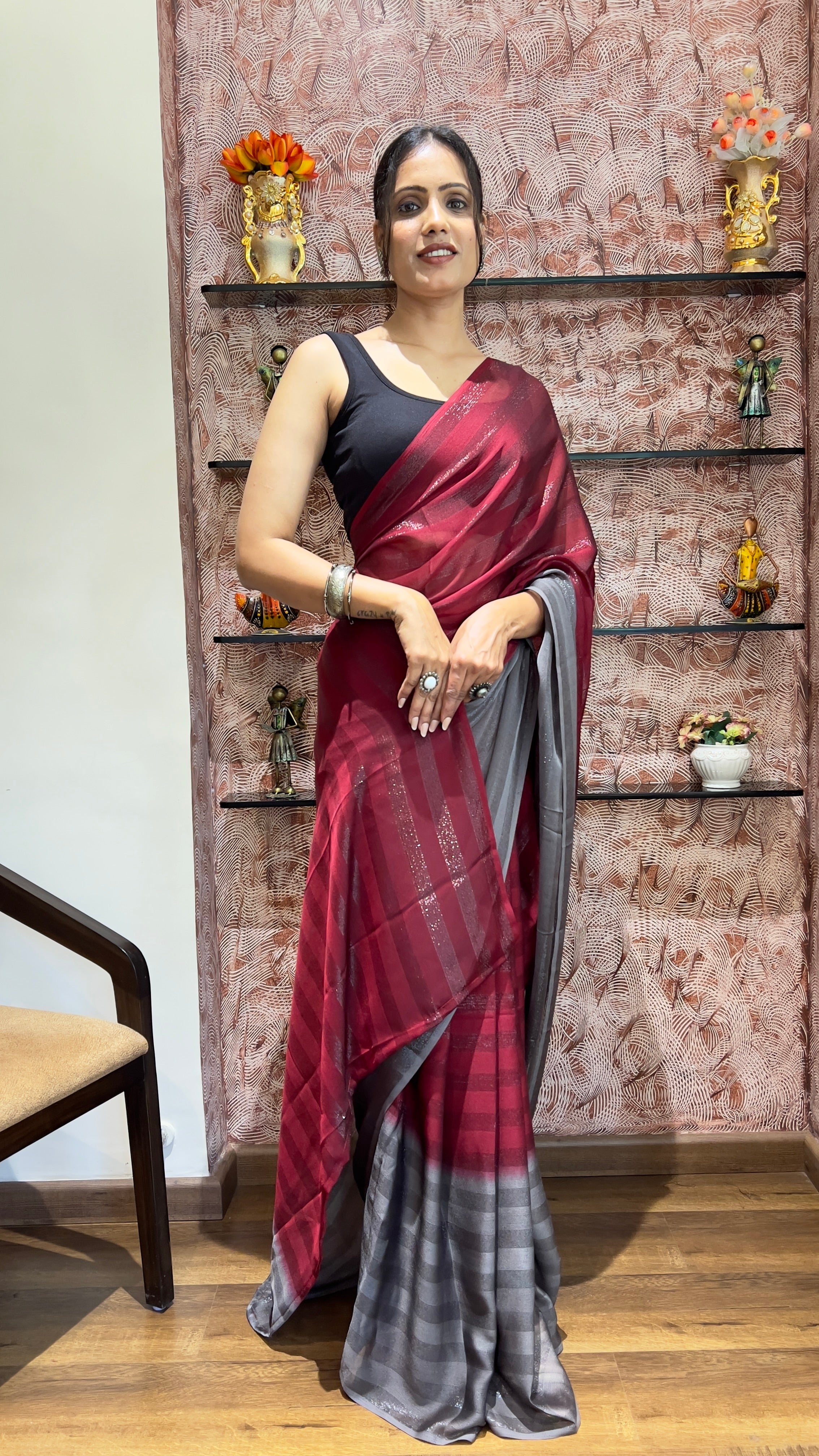 One Minute Ready To Wear New Premium Quality Garnet Beauty Nylone Rimzim saree