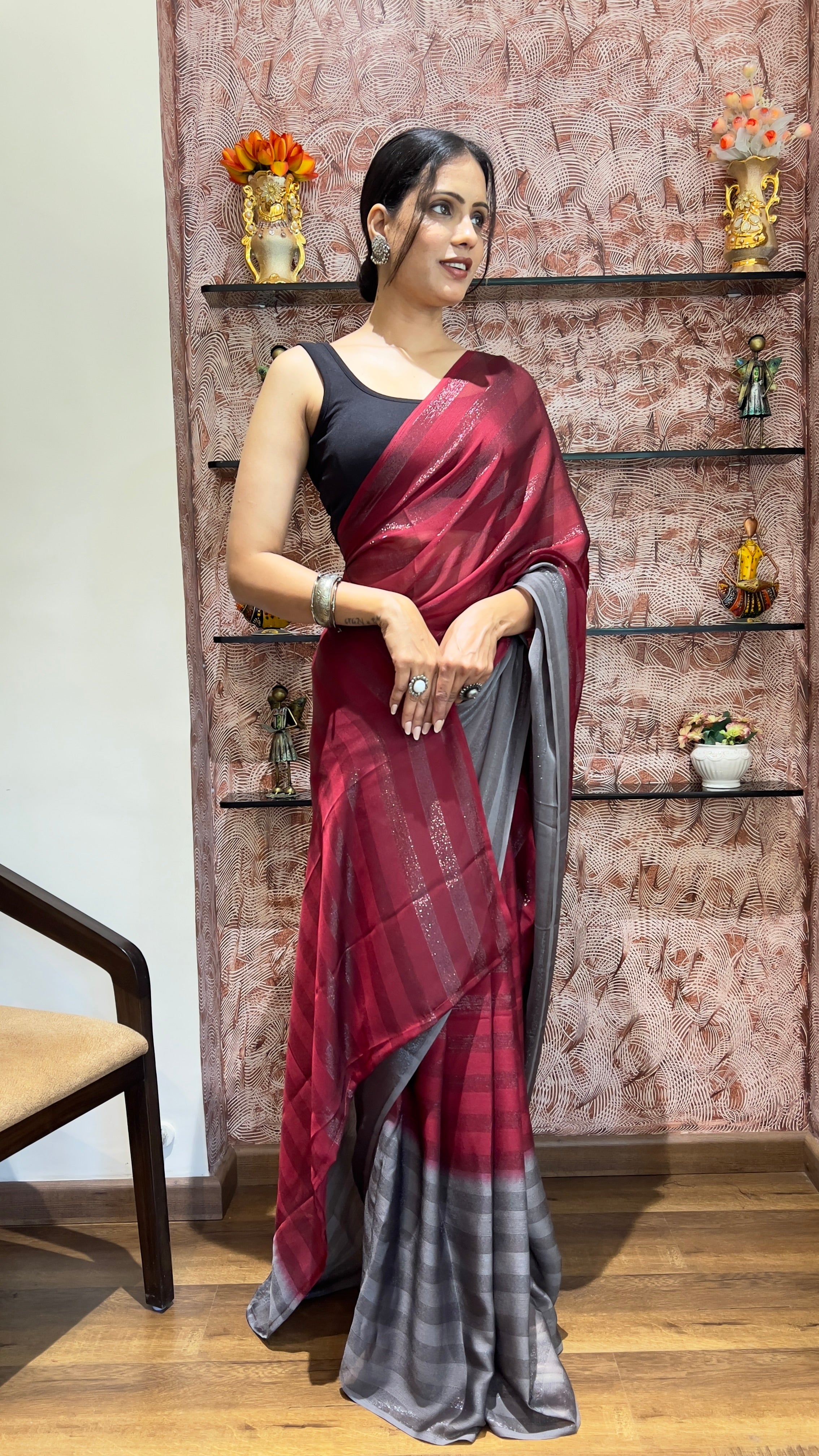 One Minute Ready To Wear New Premium Quality Garnet Beauty Nylone Rimzim saree