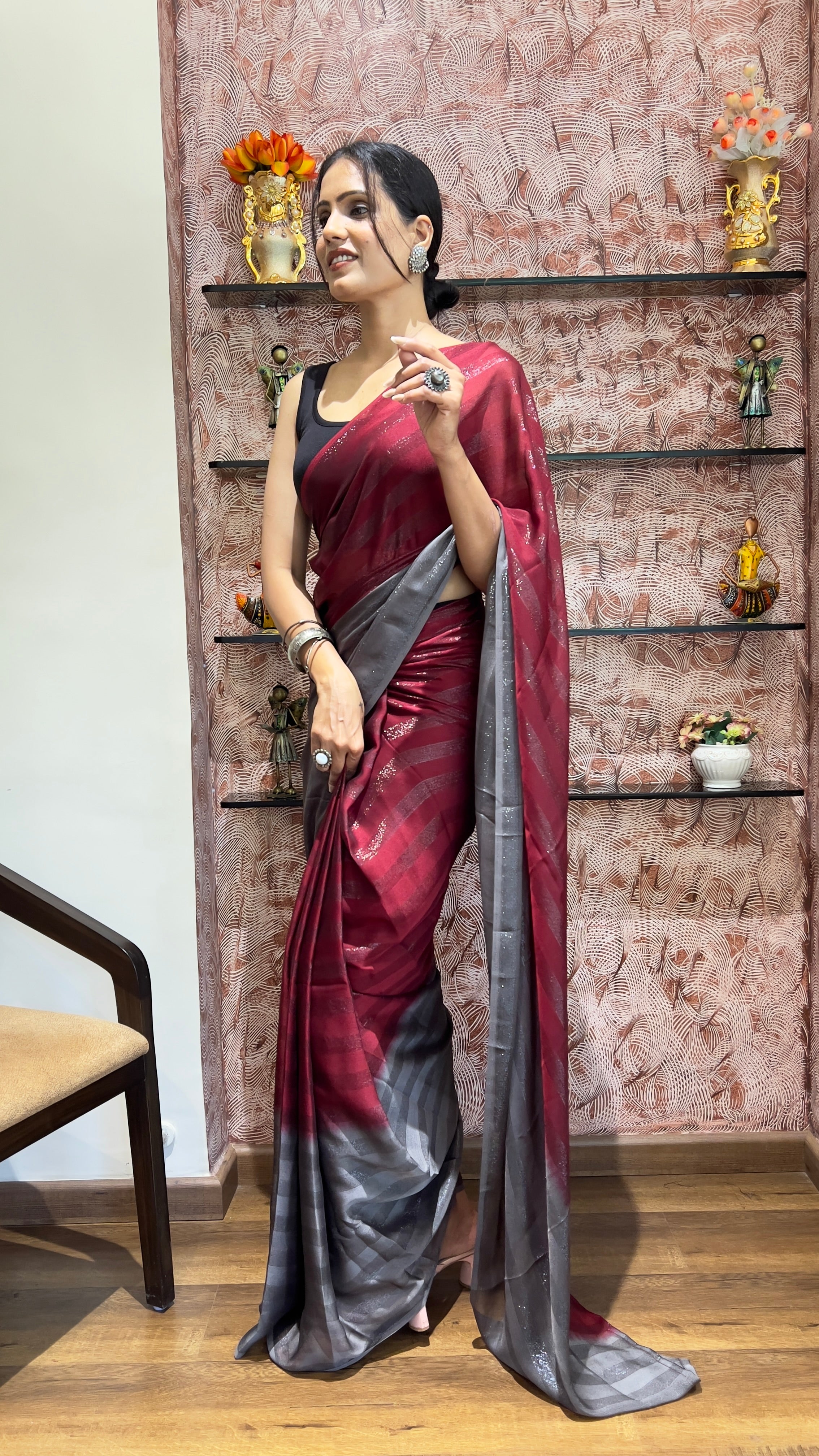 One Minute Ready To Wear New Premium Quality Garnet Beauty Nylone Rimzim saree