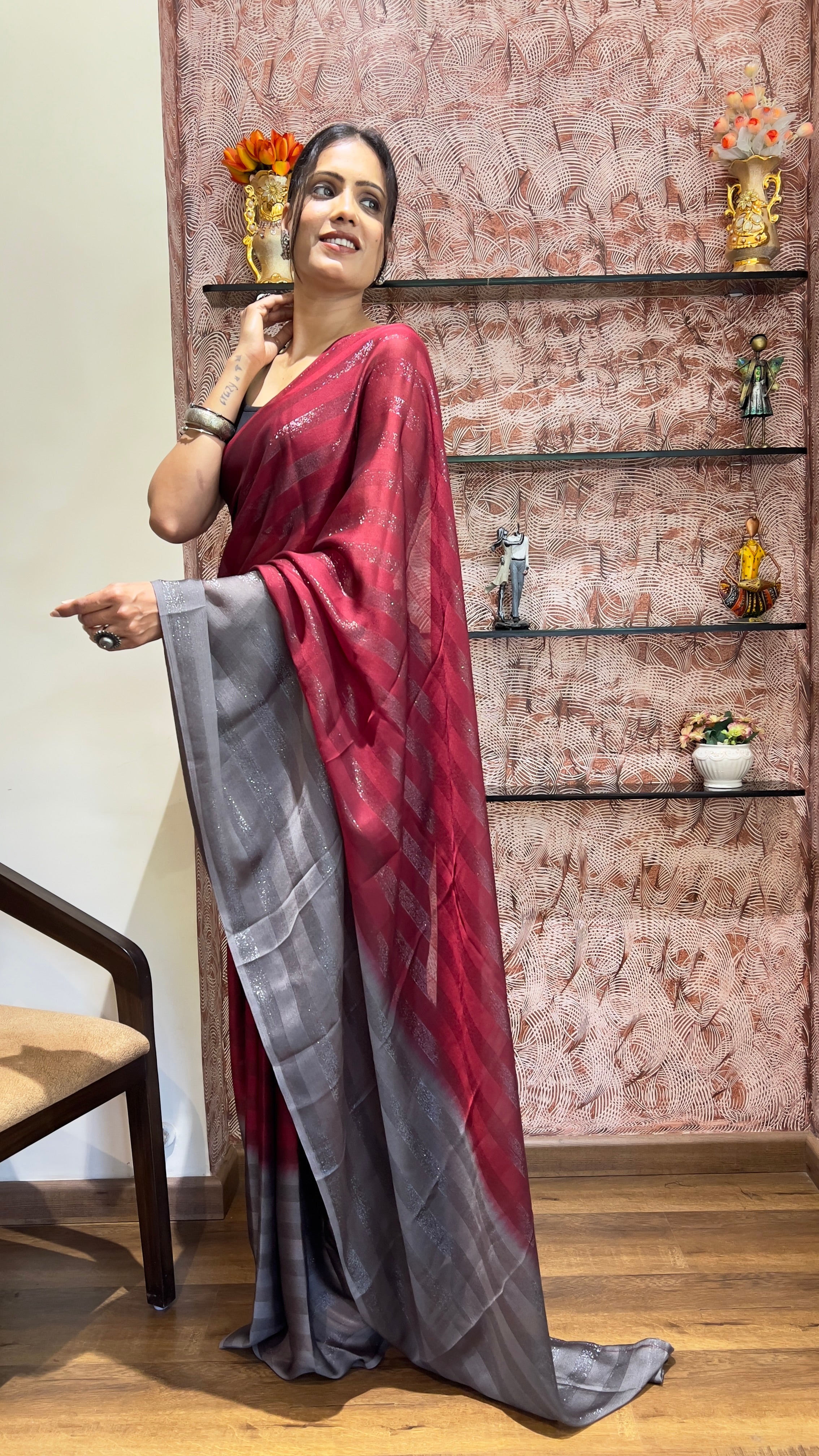 One Minute Ready To Wear New Premium Quality Garnet Beauty Nylone Rimzim saree