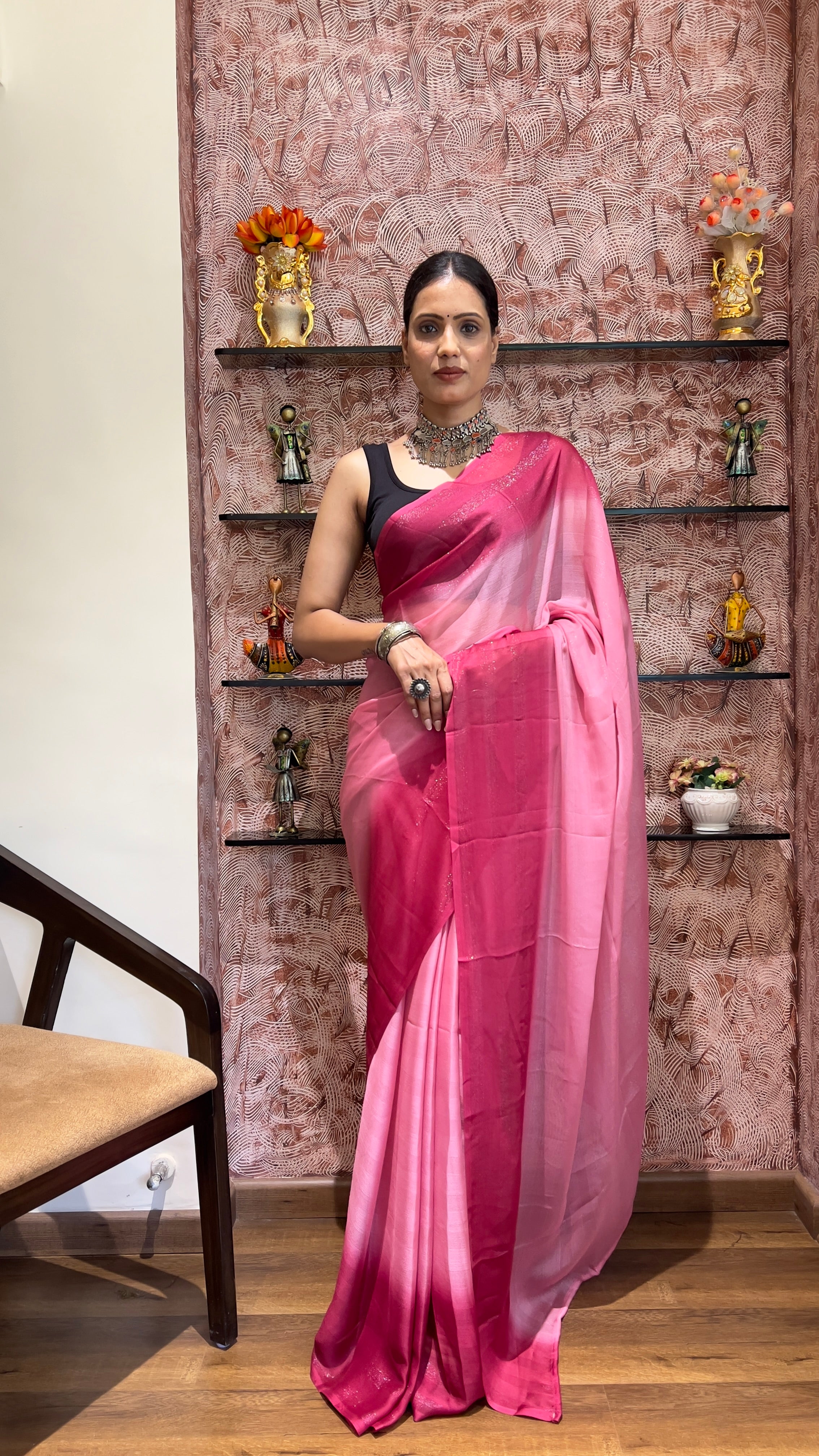 One Minute Ready To Wear New Premium Quality Pink Serenity Drapes Nylone Rimzim saree