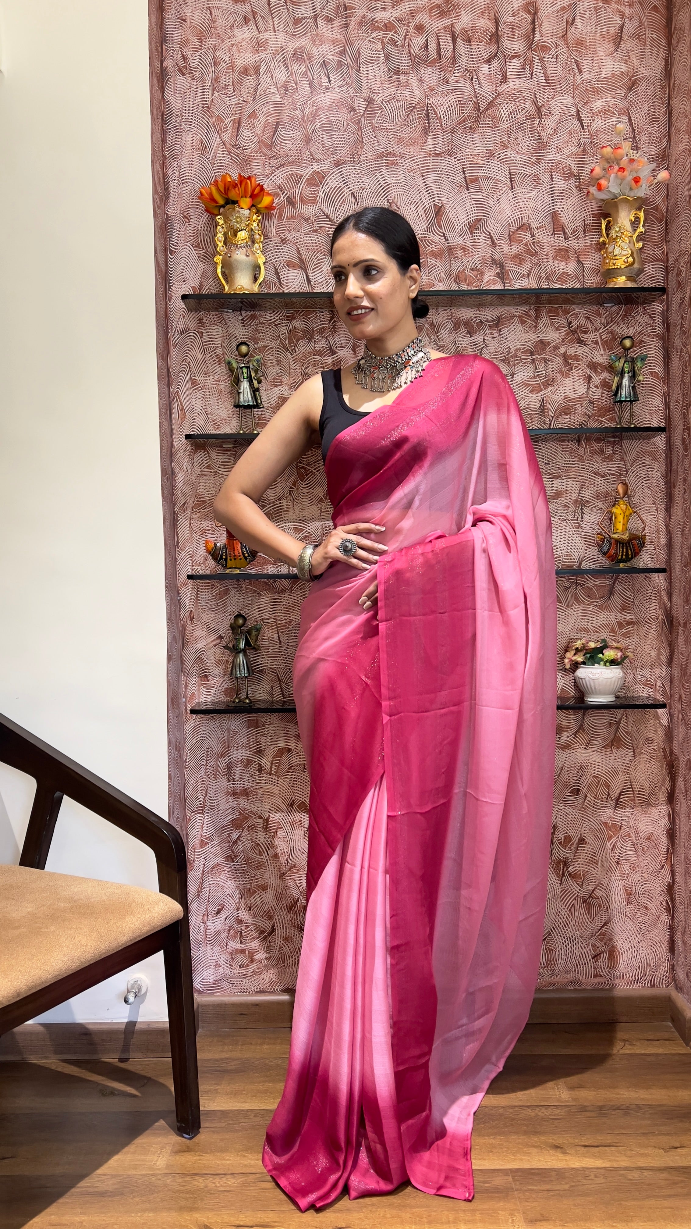 One Minute Ready To Wear New Premium Quality Pink Serenity Drapes Nylone Rimzim saree