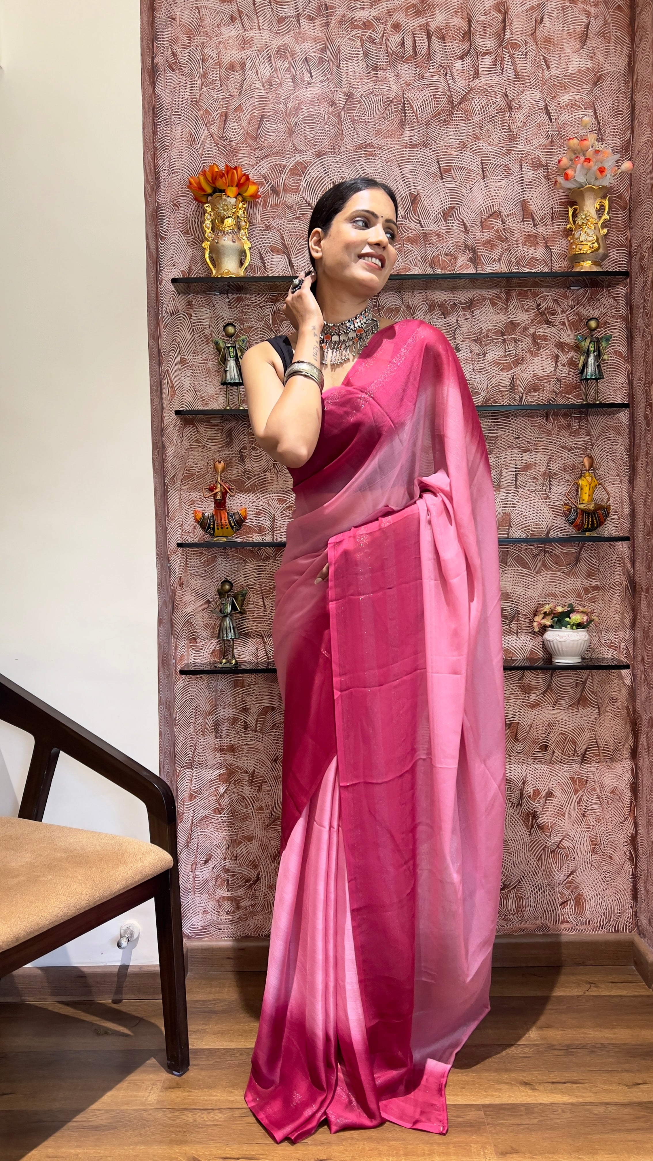 One Minute Ready To Wear New Premium Quality Pink Serenity Drapes Nylone Rimzim saree