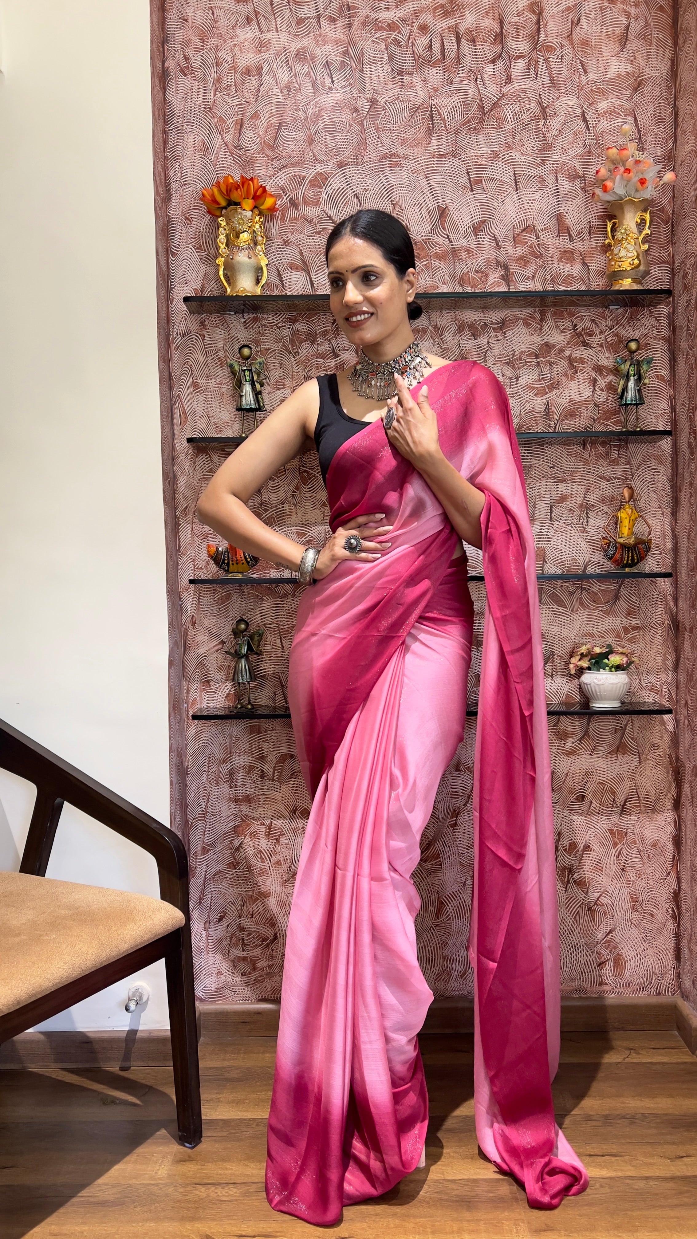 One Minute Ready To Wear New Premium Quality Pink Serenity Drapes Nylone Rimzim saree