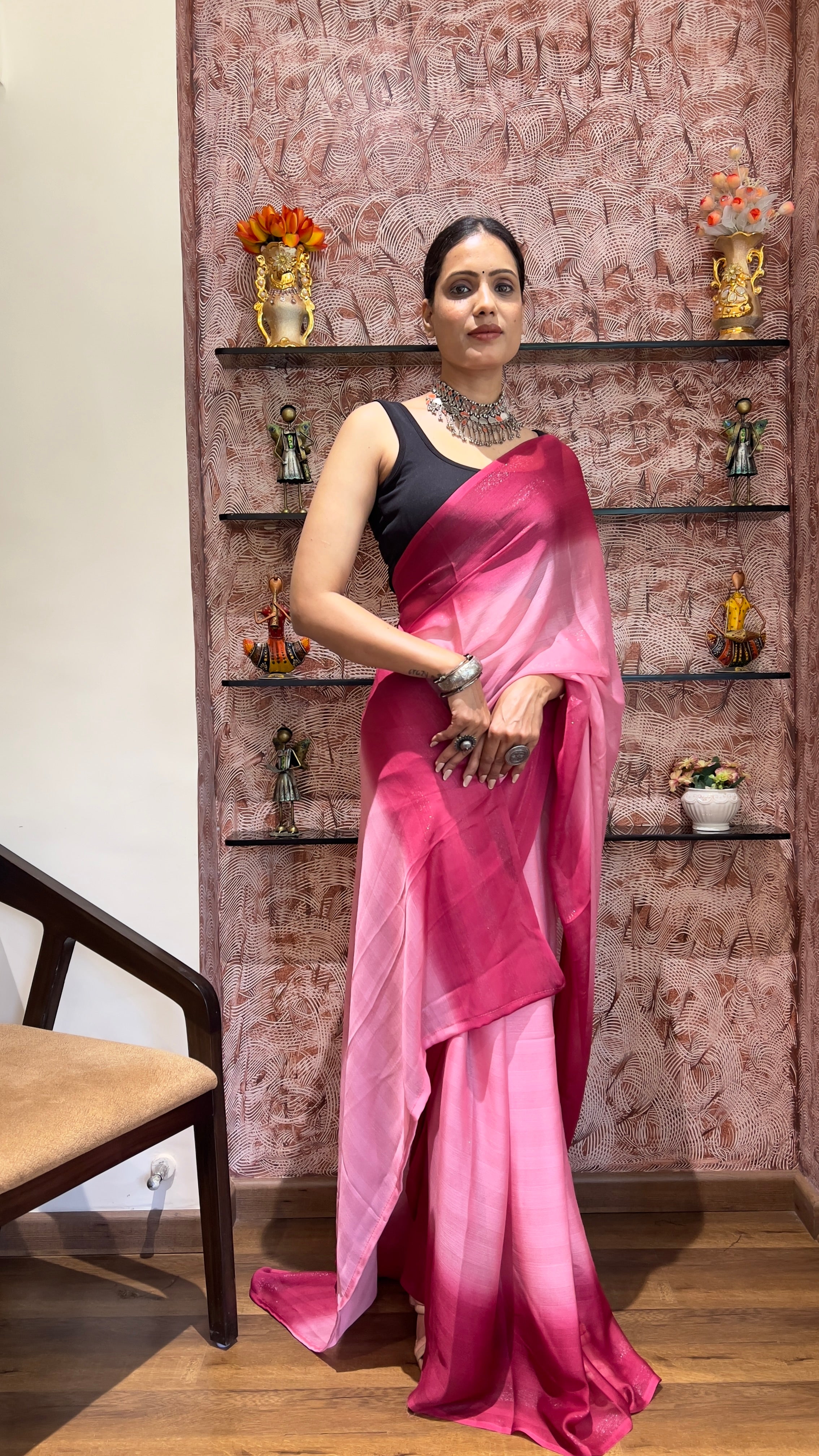 One Minute Ready To Wear New Premium Quality Pink Serenity Drapes Nylone Rimzim saree