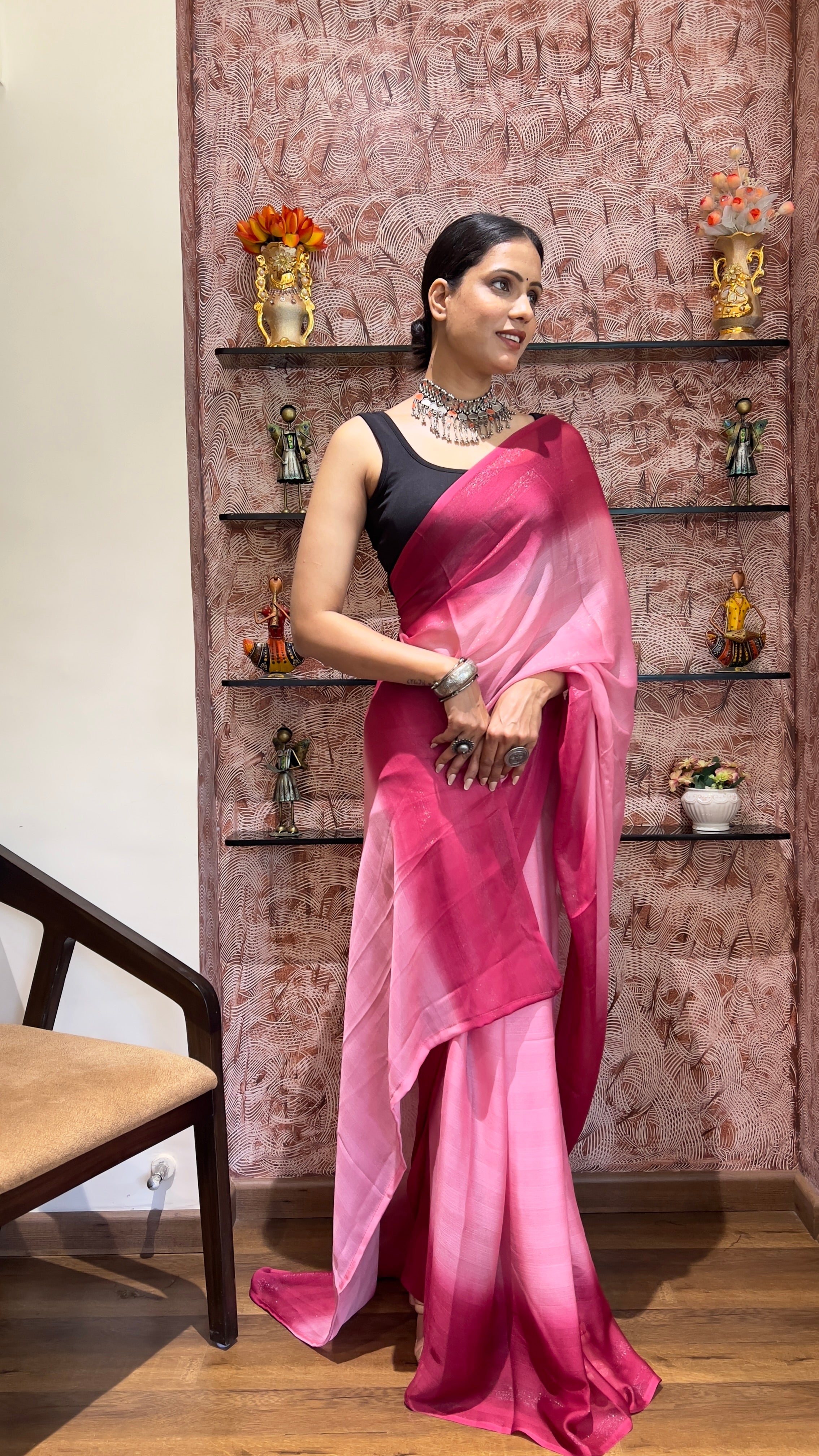 One Minute Ready To Wear New Premium Quality Pink Serenity Drapes Nylone Rimzim saree