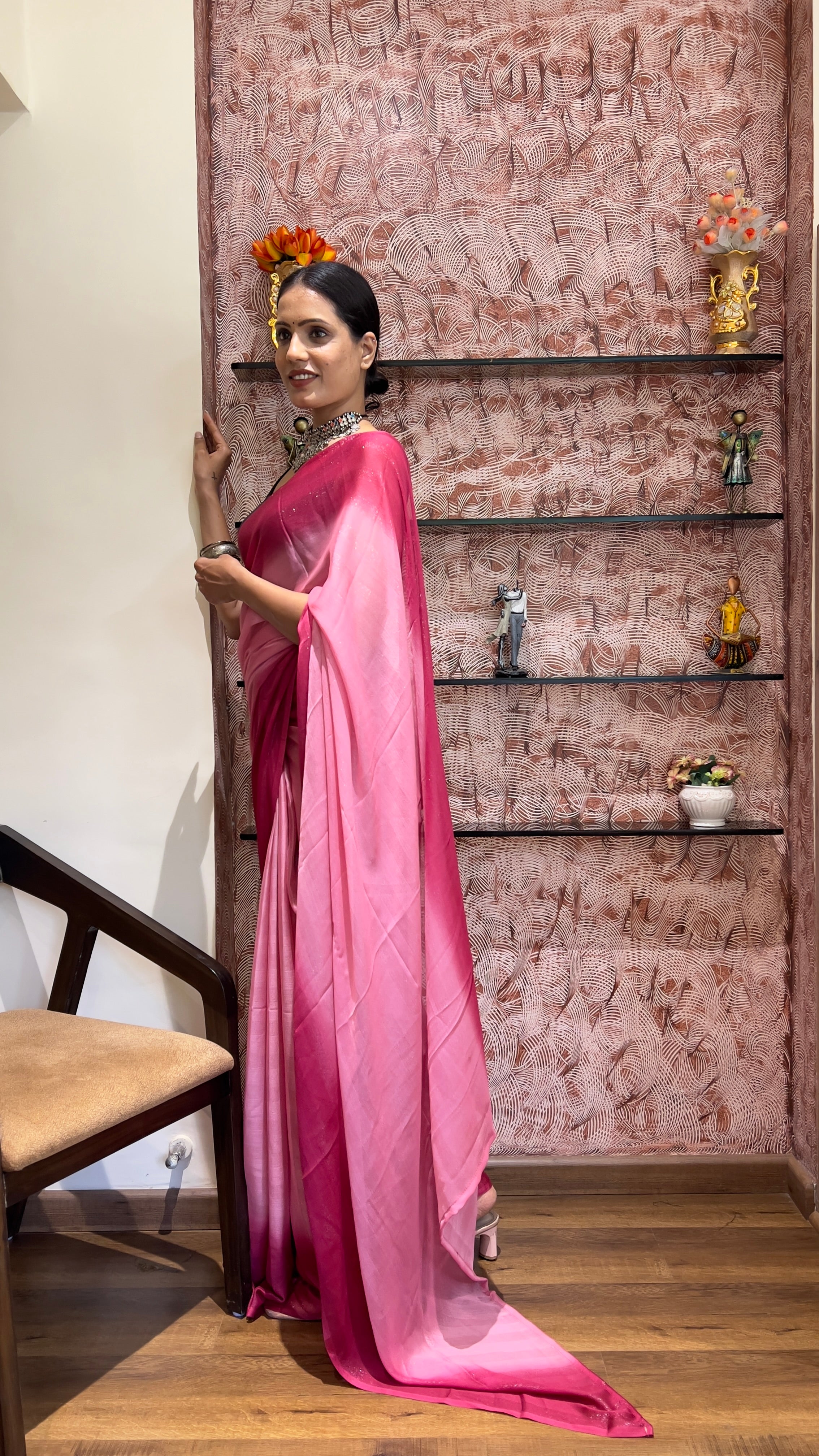 One Minute Ready To Wear New Premium Quality Pink Serenity Drapes Nylone Rimzim saree