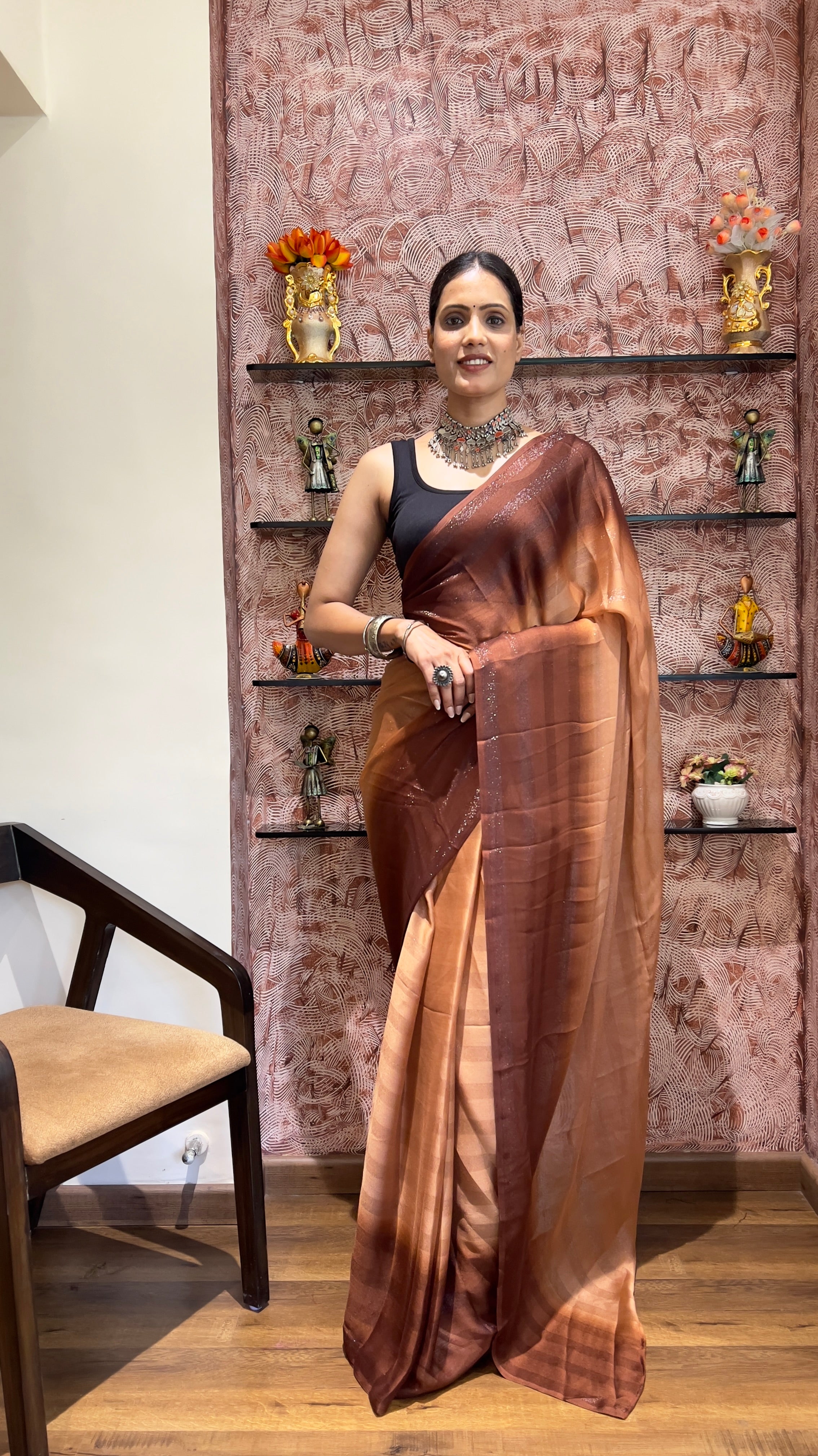 One Minute Ready To Wear New Premium Quality EarthToneNylone Rimzim saree