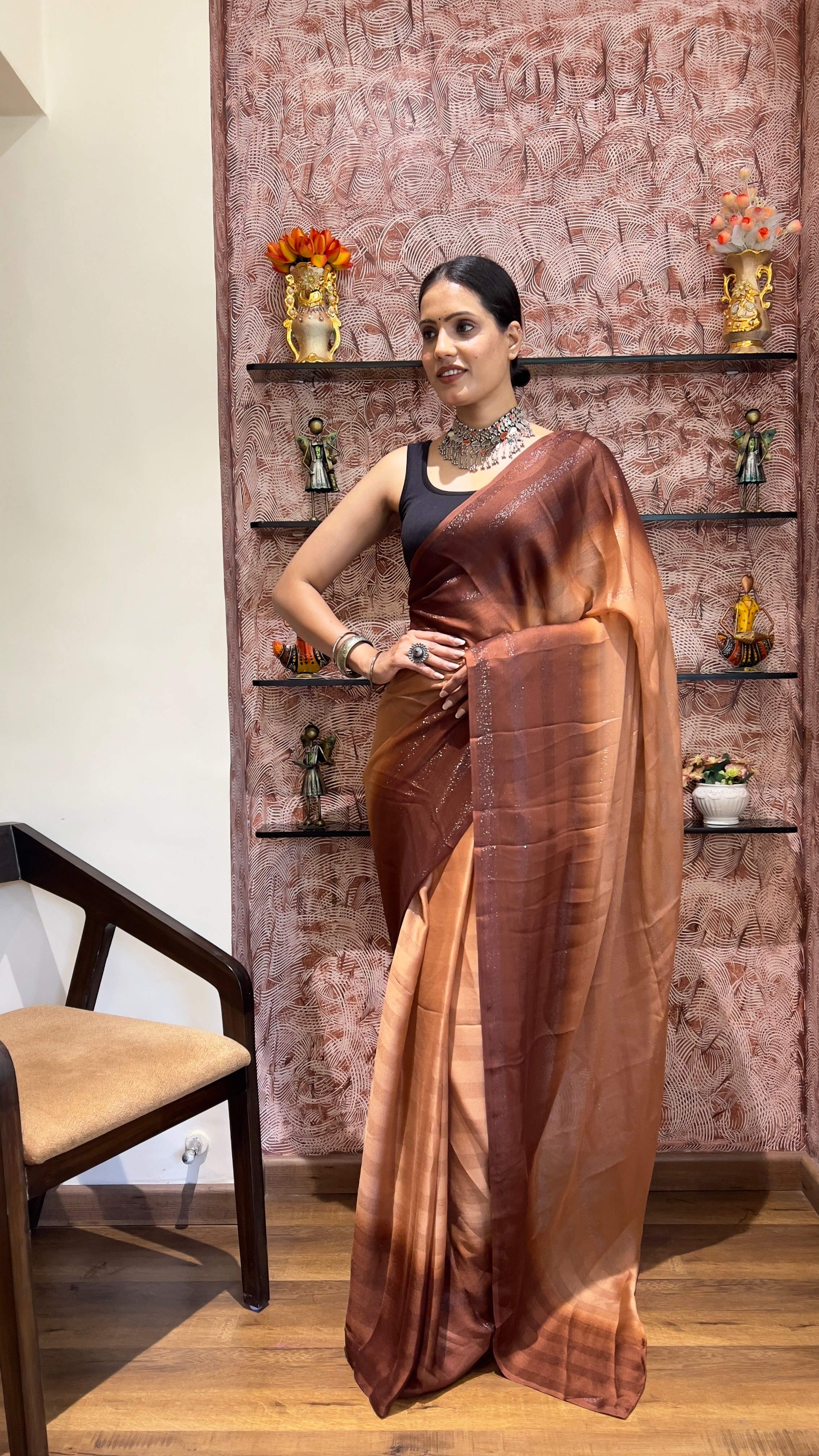 One Minute Ready To Wear New Premium Quality EarthToneNylone Rimzim saree