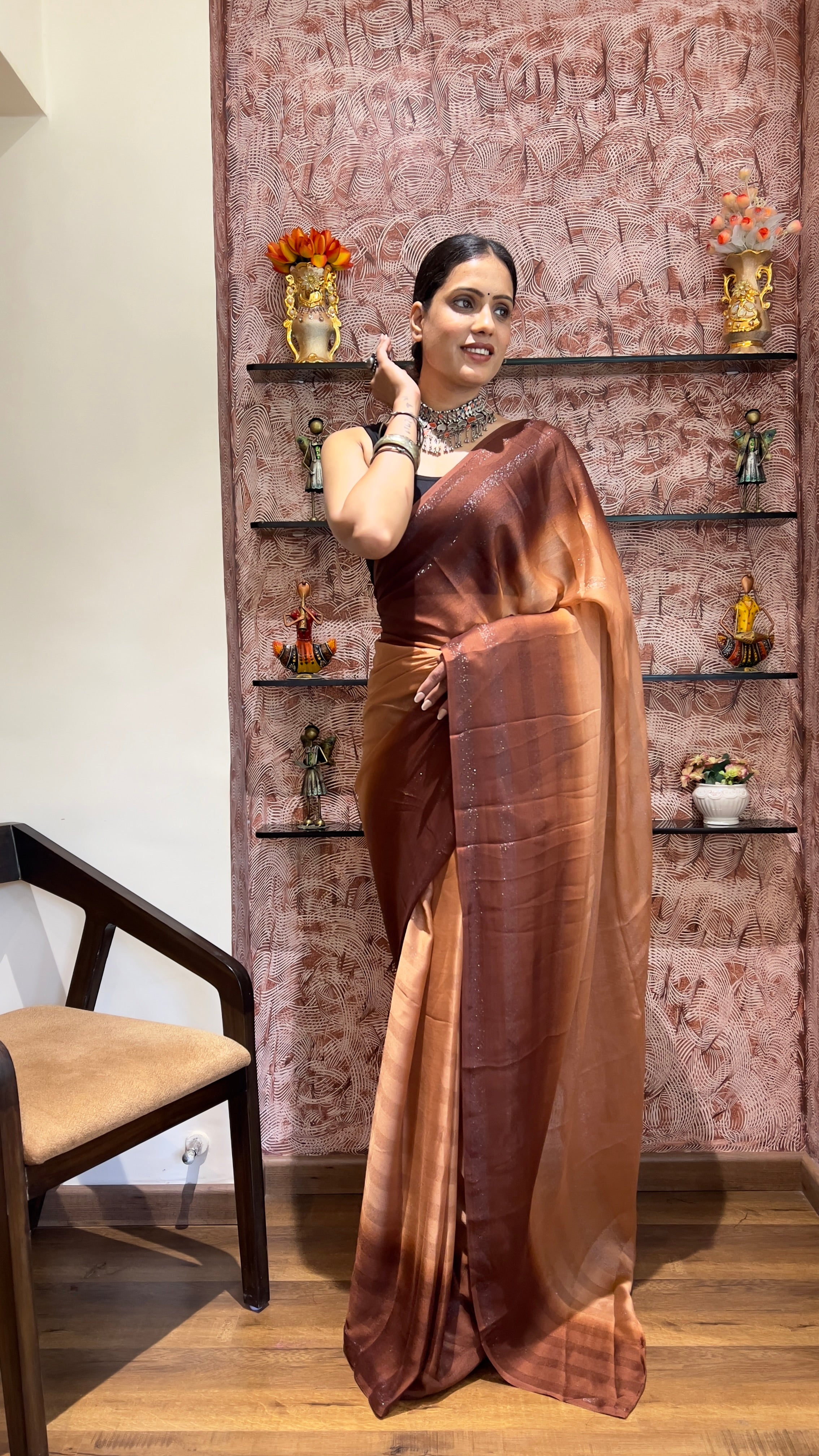 One Minute Ready To Wear New Premium Quality EarthToneNylone Rimzim saree