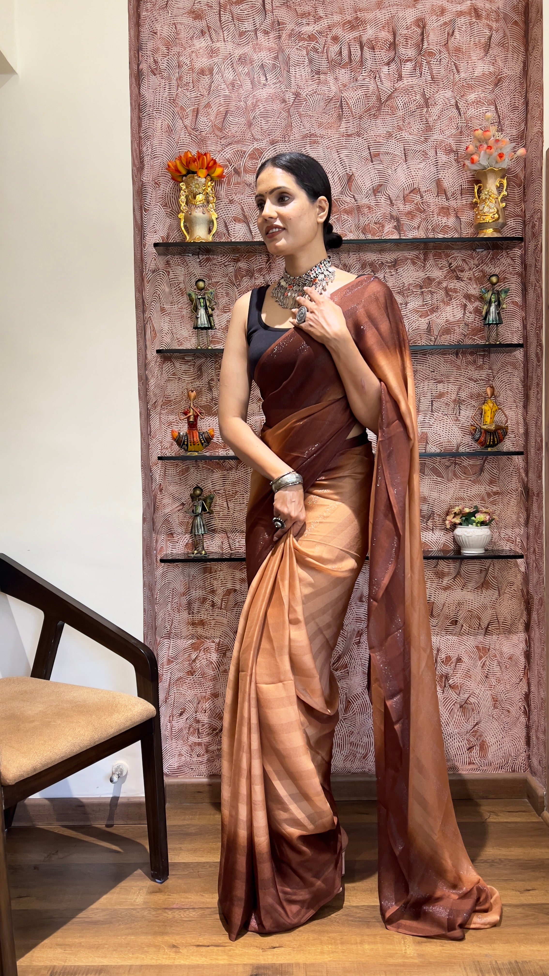 One Minute Ready To Wear New Premium Quality EarthToneNylone Rimzim saree