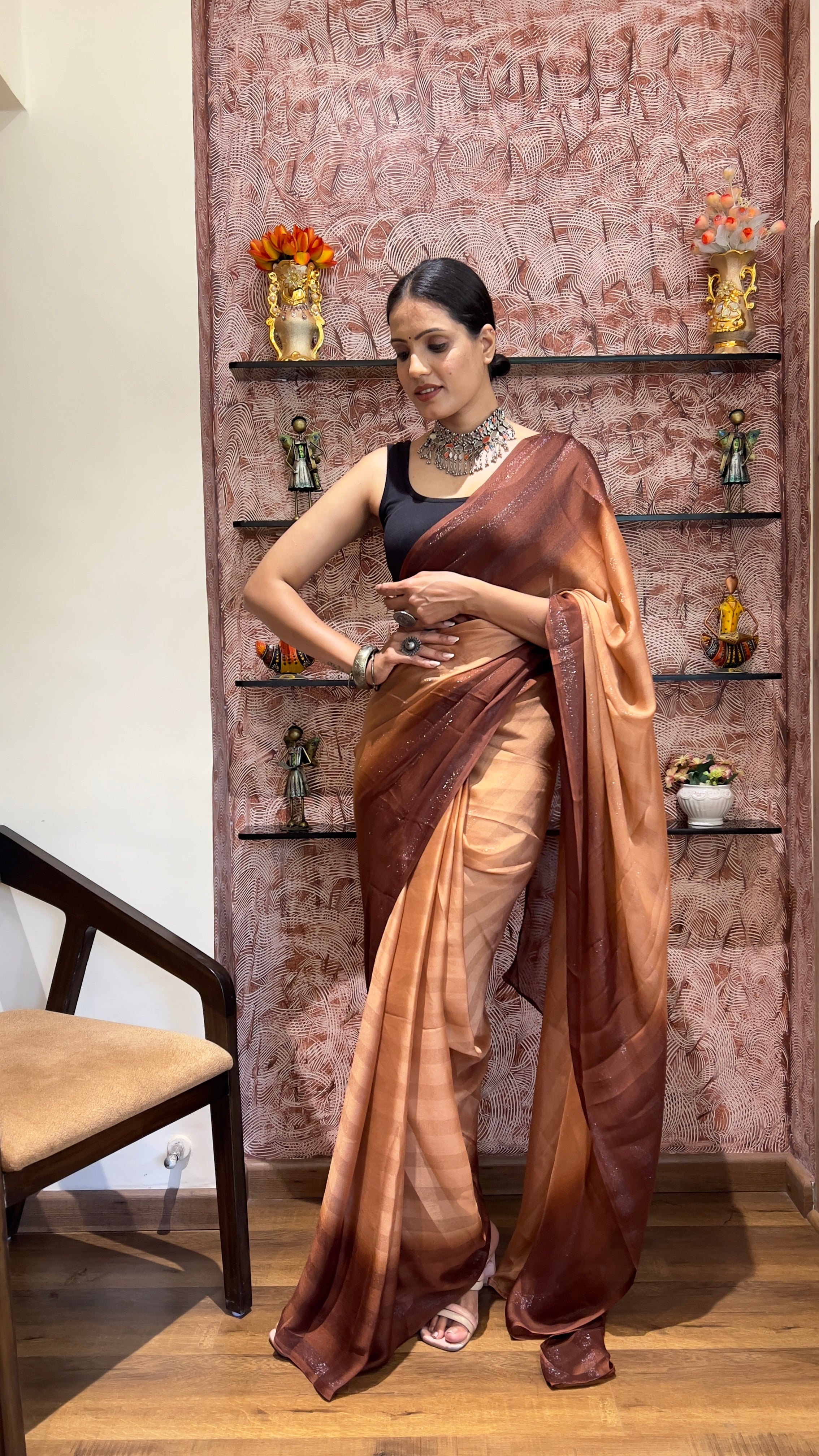 One Minute Ready To Wear New Premium Quality EarthToneNylone Rimzim saree