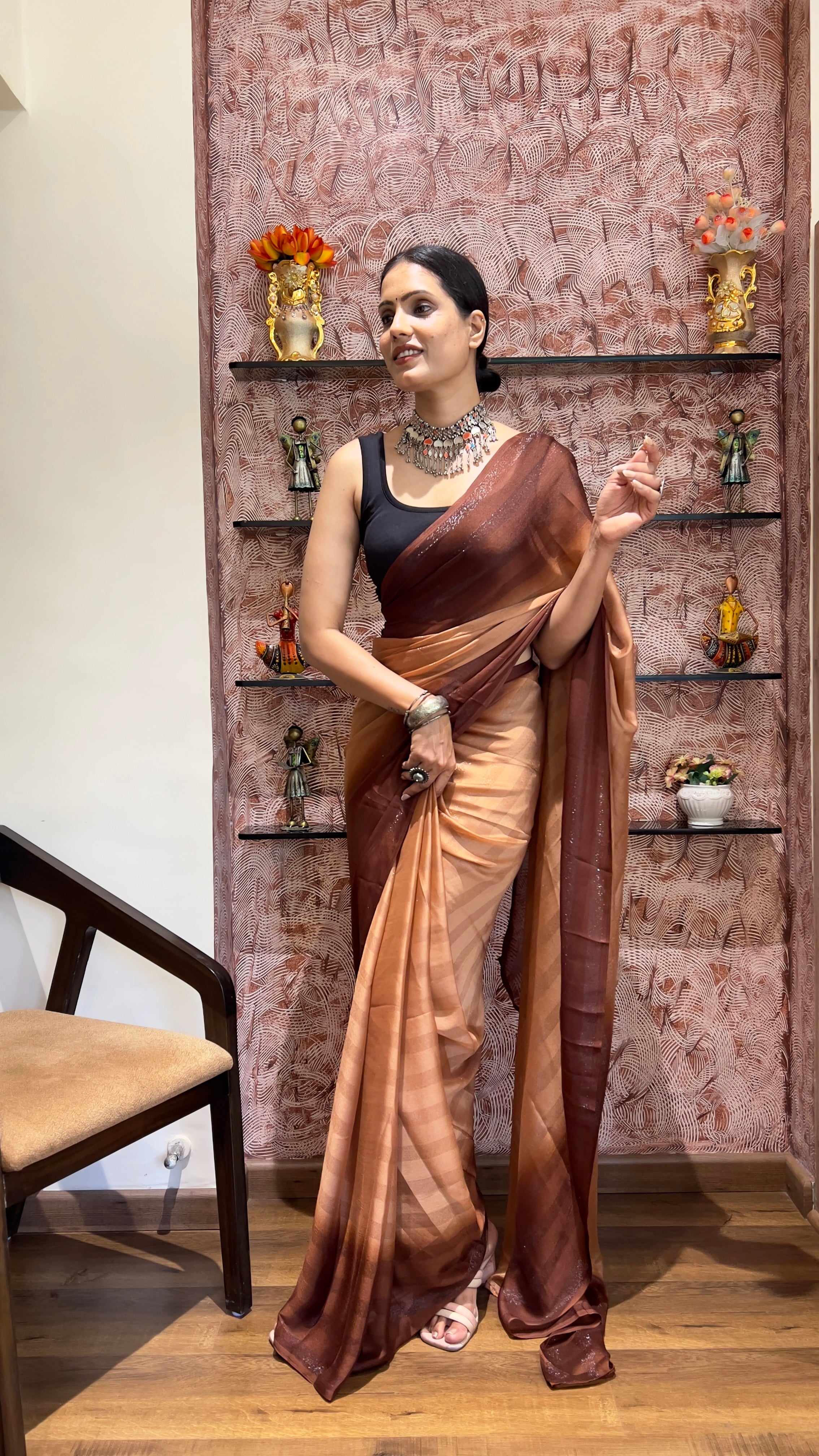 One Minute Ready To Wear New Premium Quality EarthToneNylone Rimzim saree