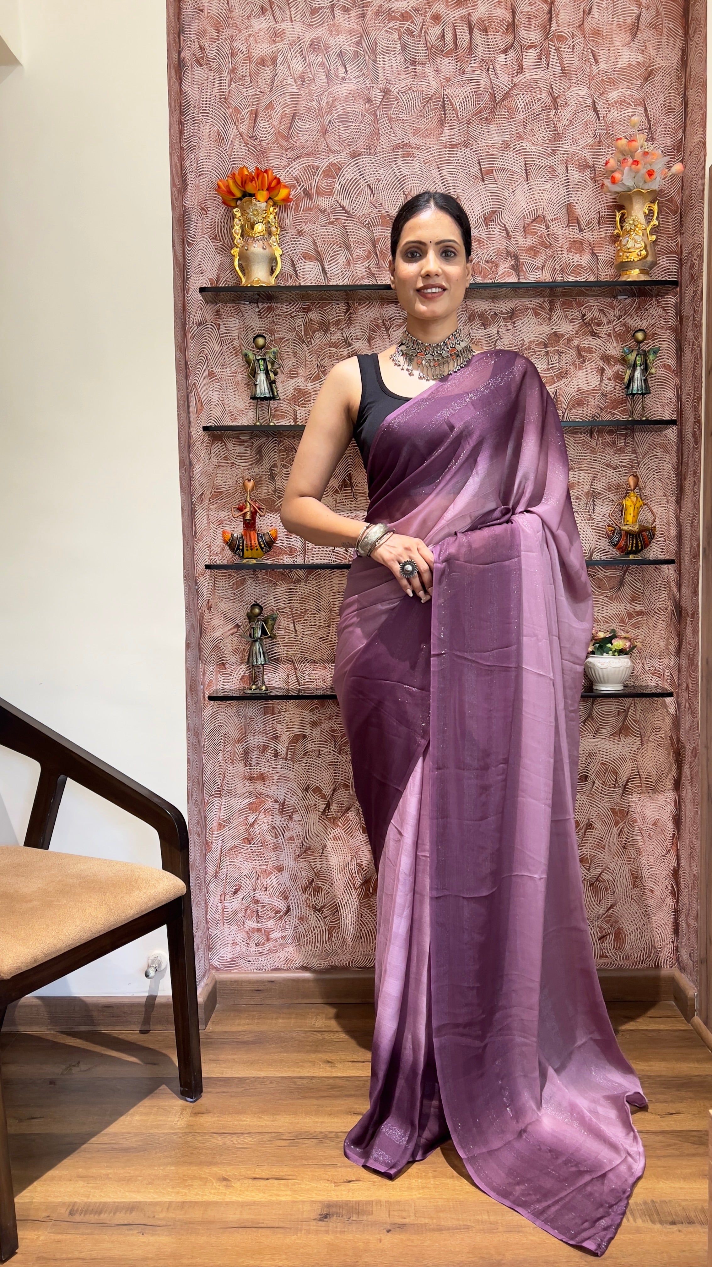 One Minute Ready To Wear New Premium Quality Violet Hues Nylone Rimzim saree