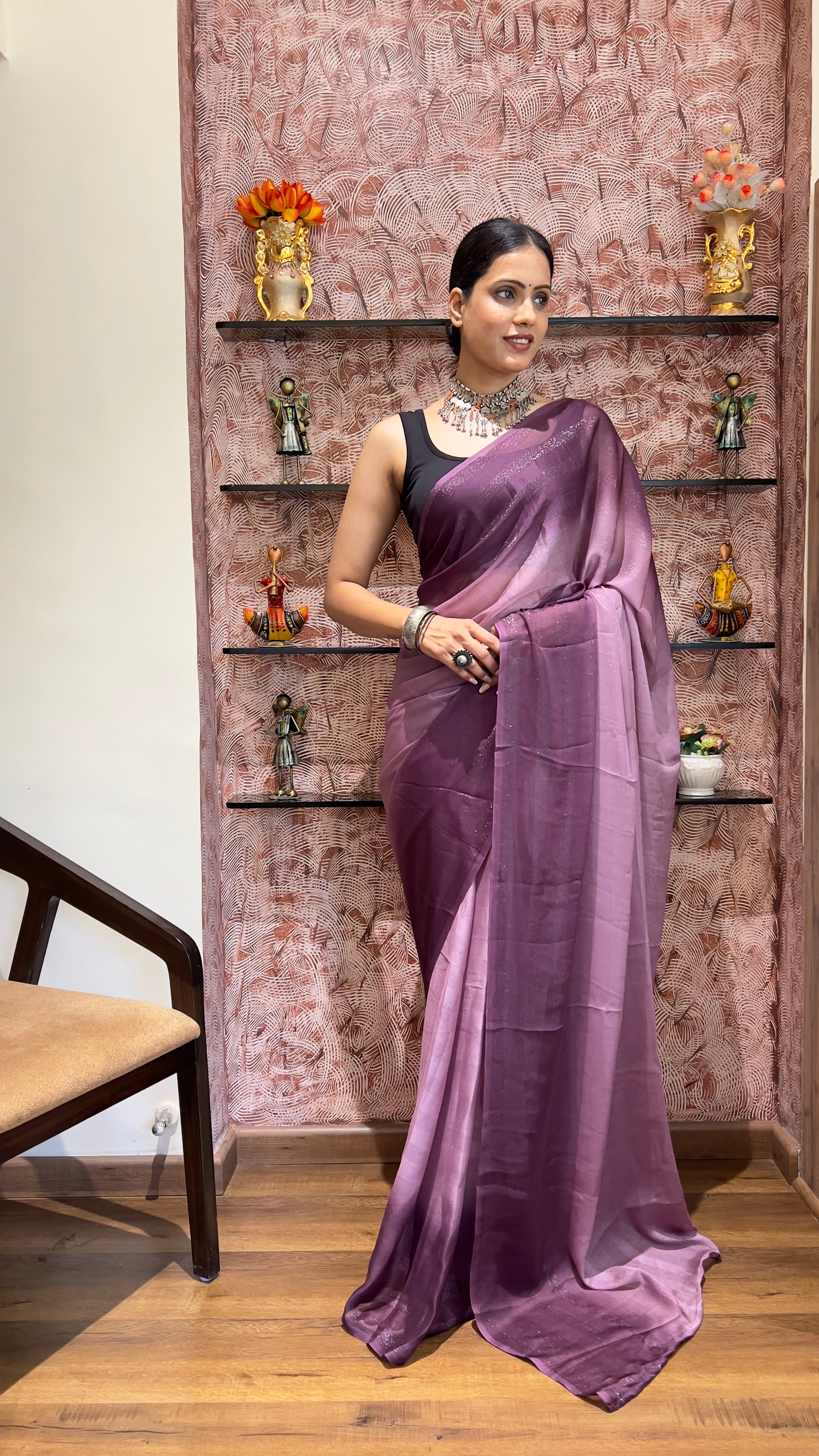 One Minute Ready To Wear New Premium Quality Violet Hues Nylone Rimzim saree