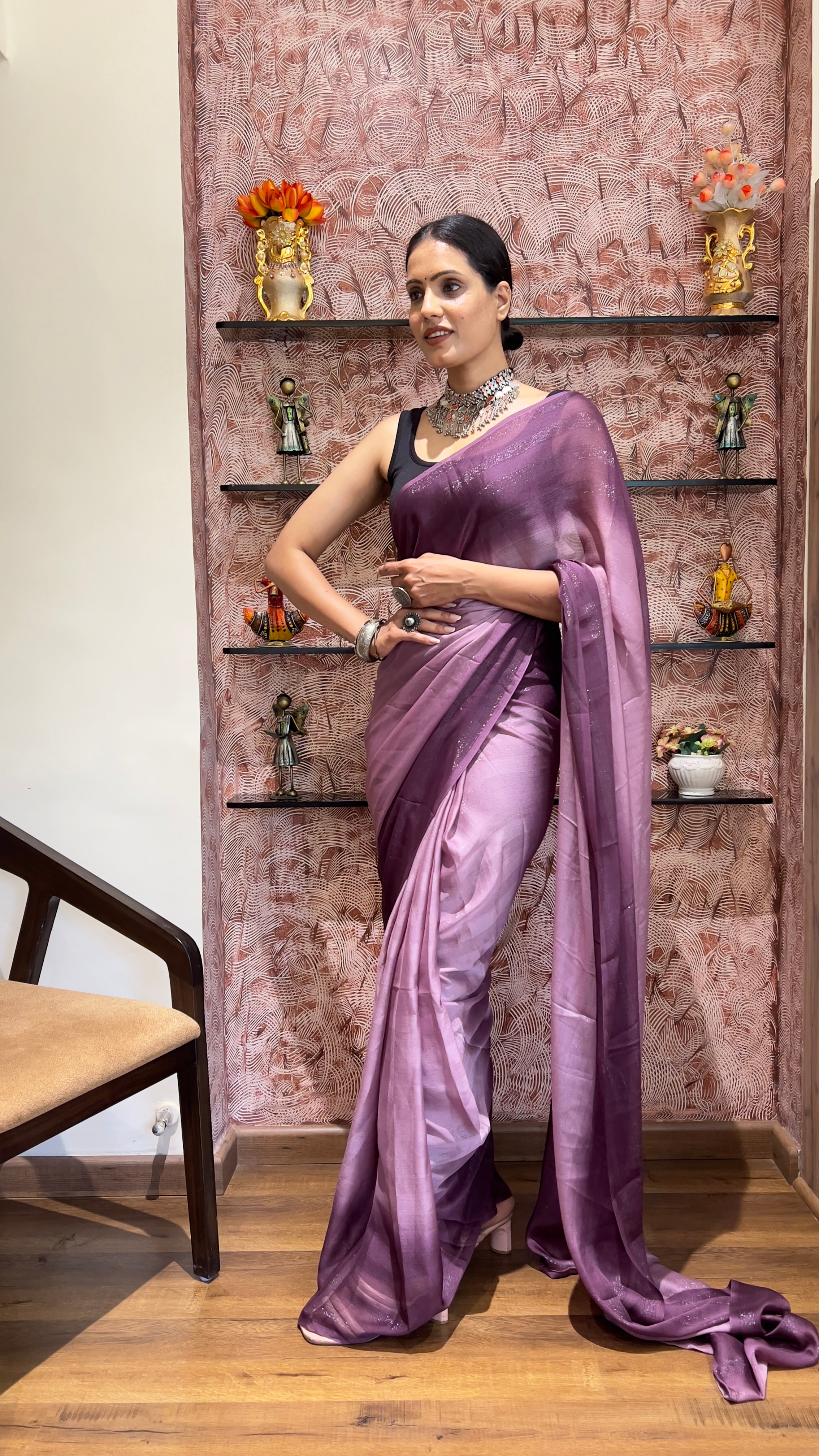 One Minute Ready To Wear New Premium Quality Violet Hues Nylone Rimzim saree