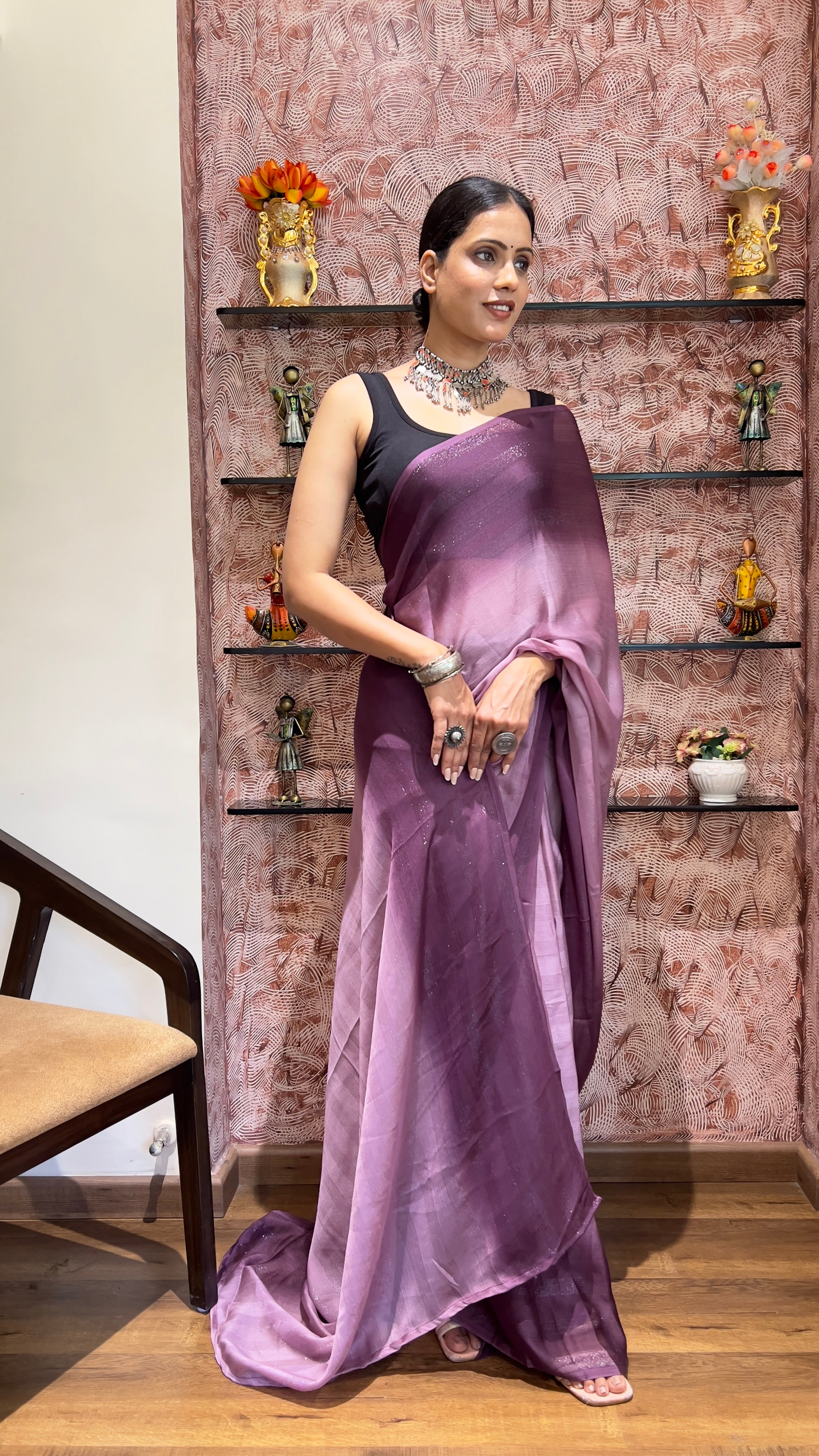 One Minute Ready To Wear New Premium Quality Violet Hues Nylone Rimzim saree
