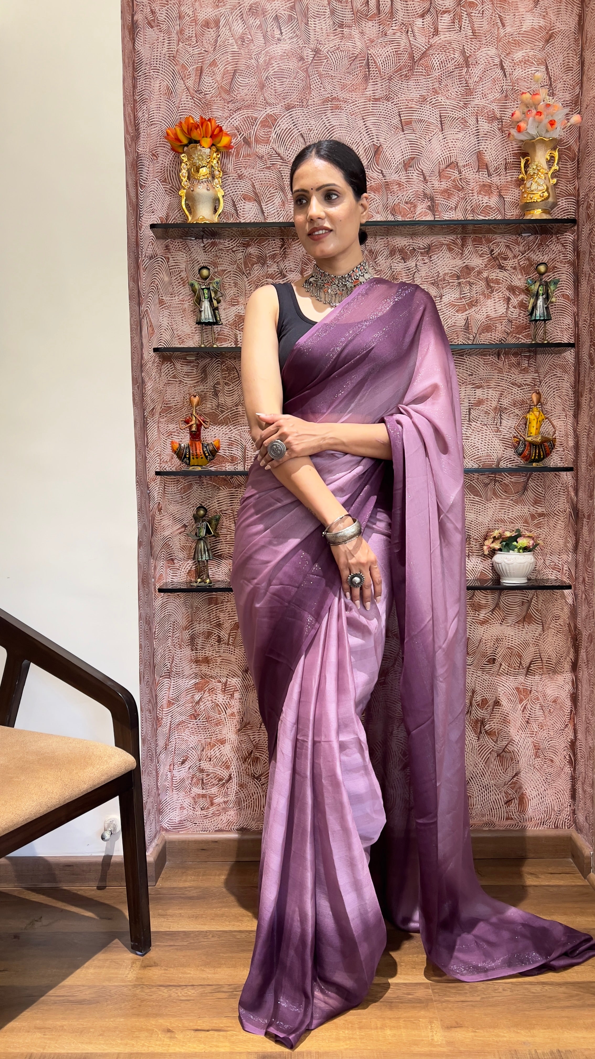 One Minute Ready To Wear New Premium Quality Violet Hues Nylone Rimzim saree