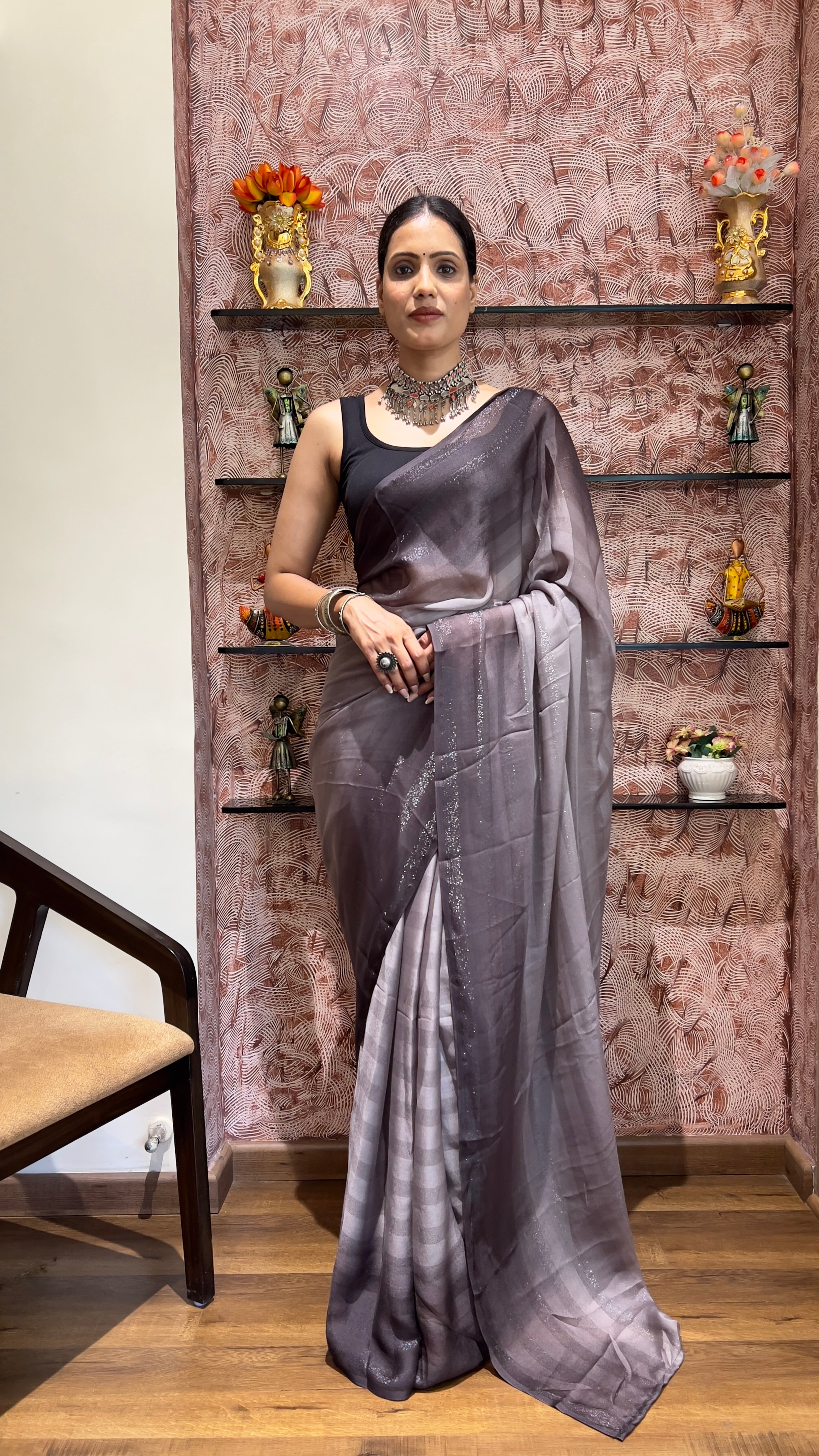 One Minute Ready To Wear New Premium Quality Grey Charm Nylone Rimzim saree