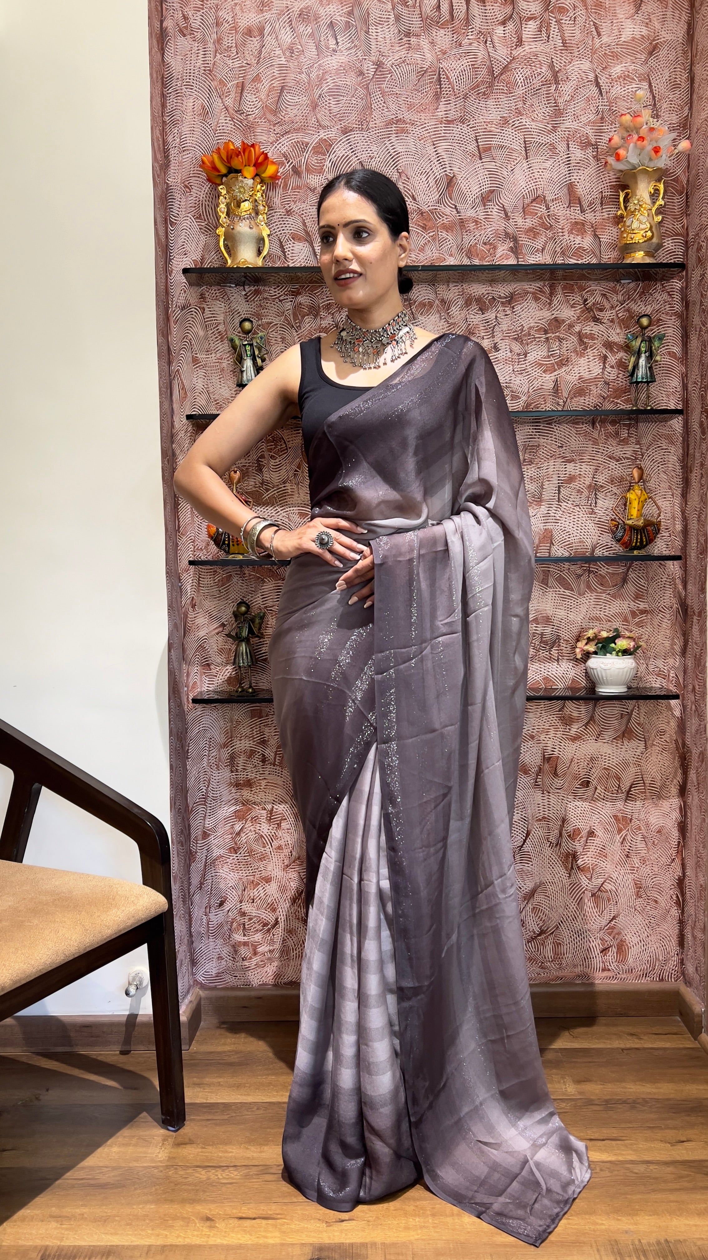 One Minute Ready To Wear New Premium Quality Grey Charm Nylone Rimzim saree