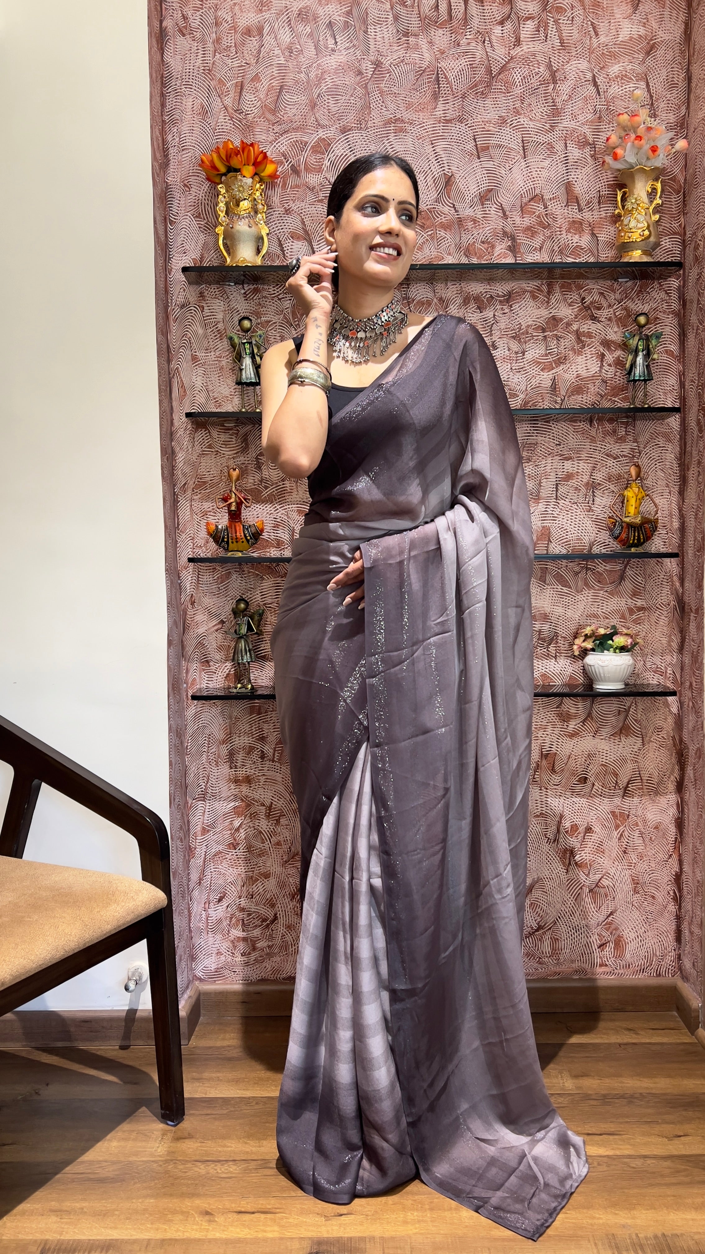 One Minute Ready To Wear New Premium Quality Grey Charm Nylone Rimzim saree