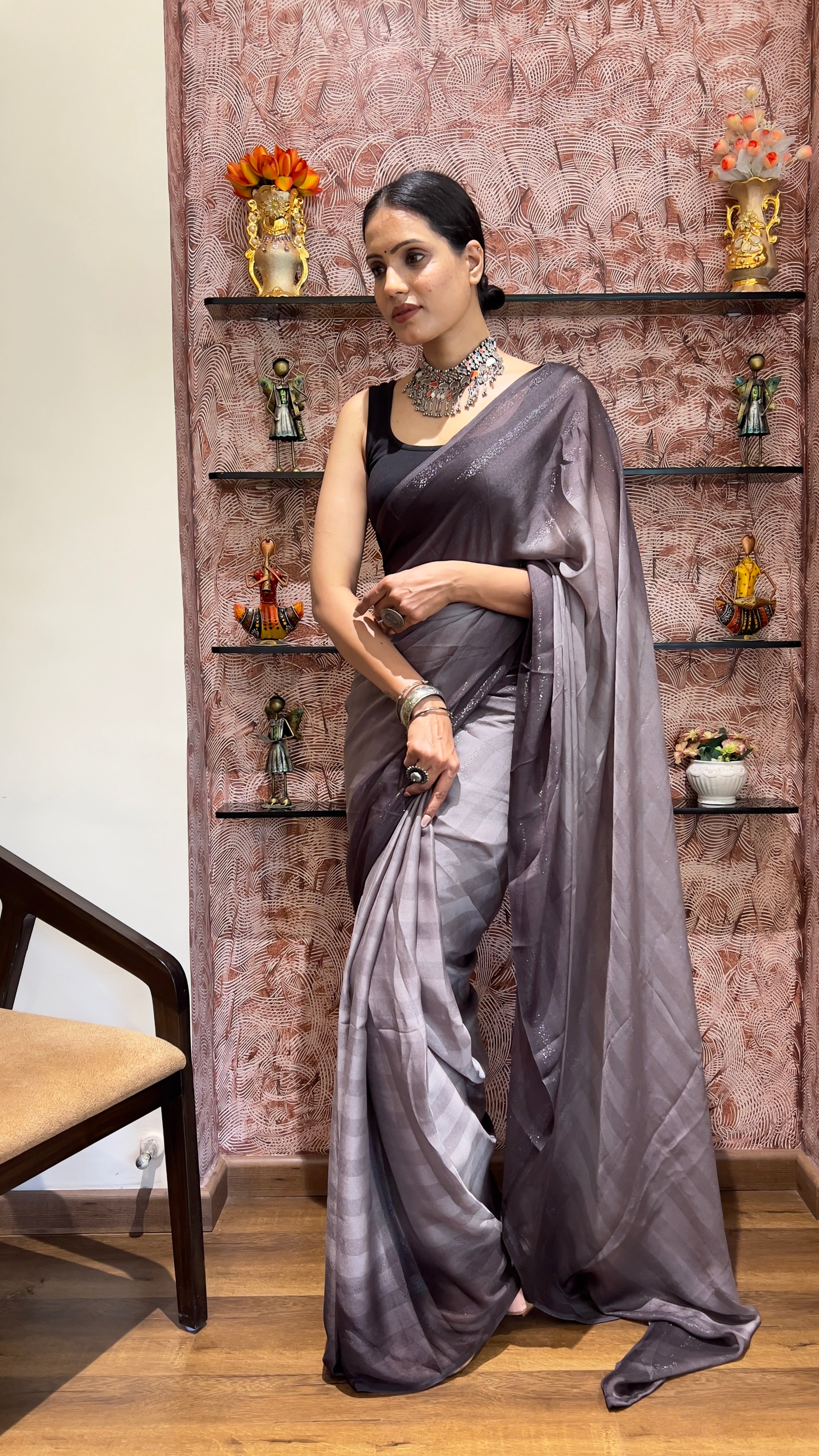 One Minute Ready To Wear New Premium Quality Grey Charm Nylone Rimzim saree