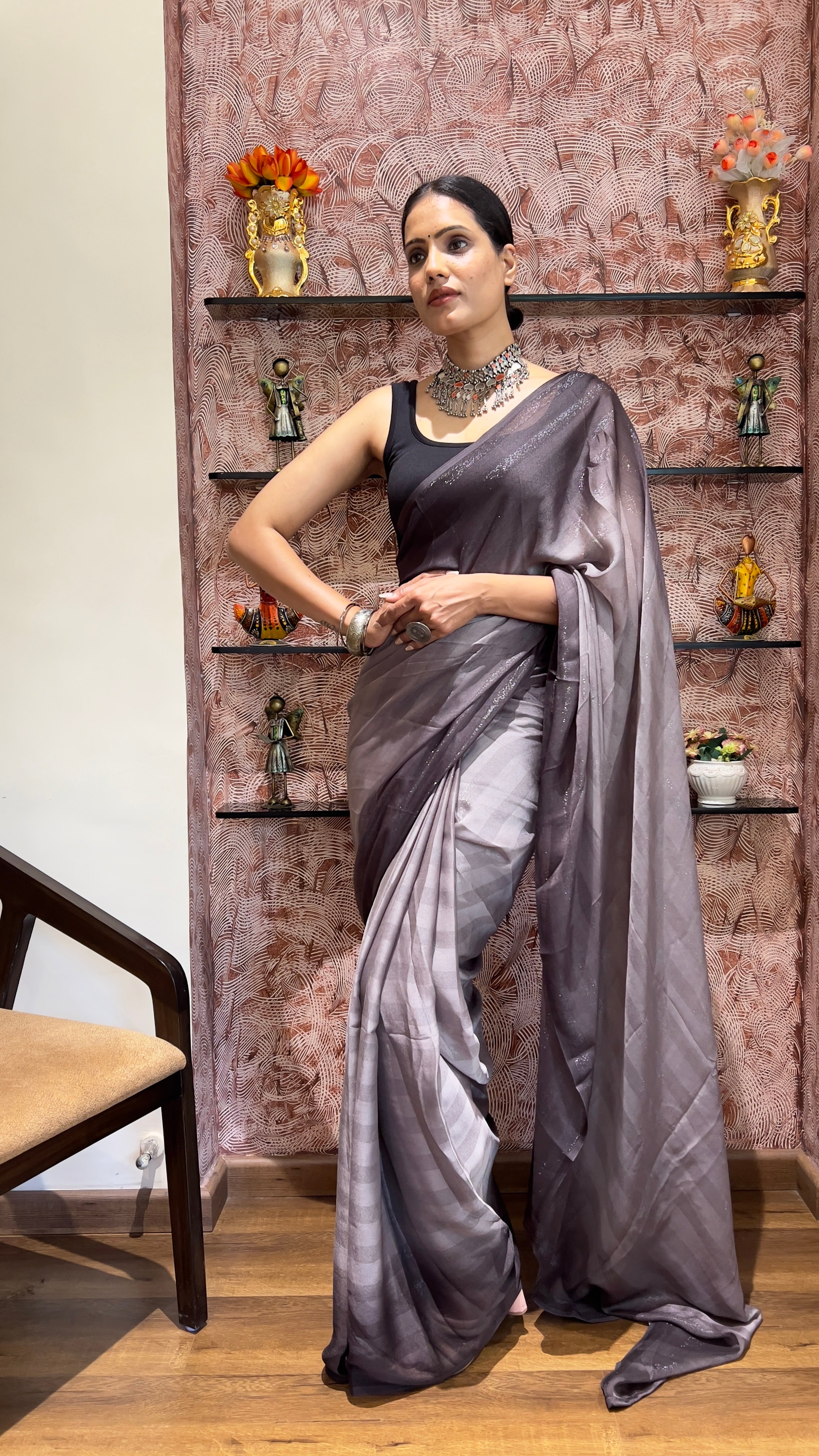 One Minute Ready To Wear New Premium Quality Grey Charm Nylone Rimzim saree