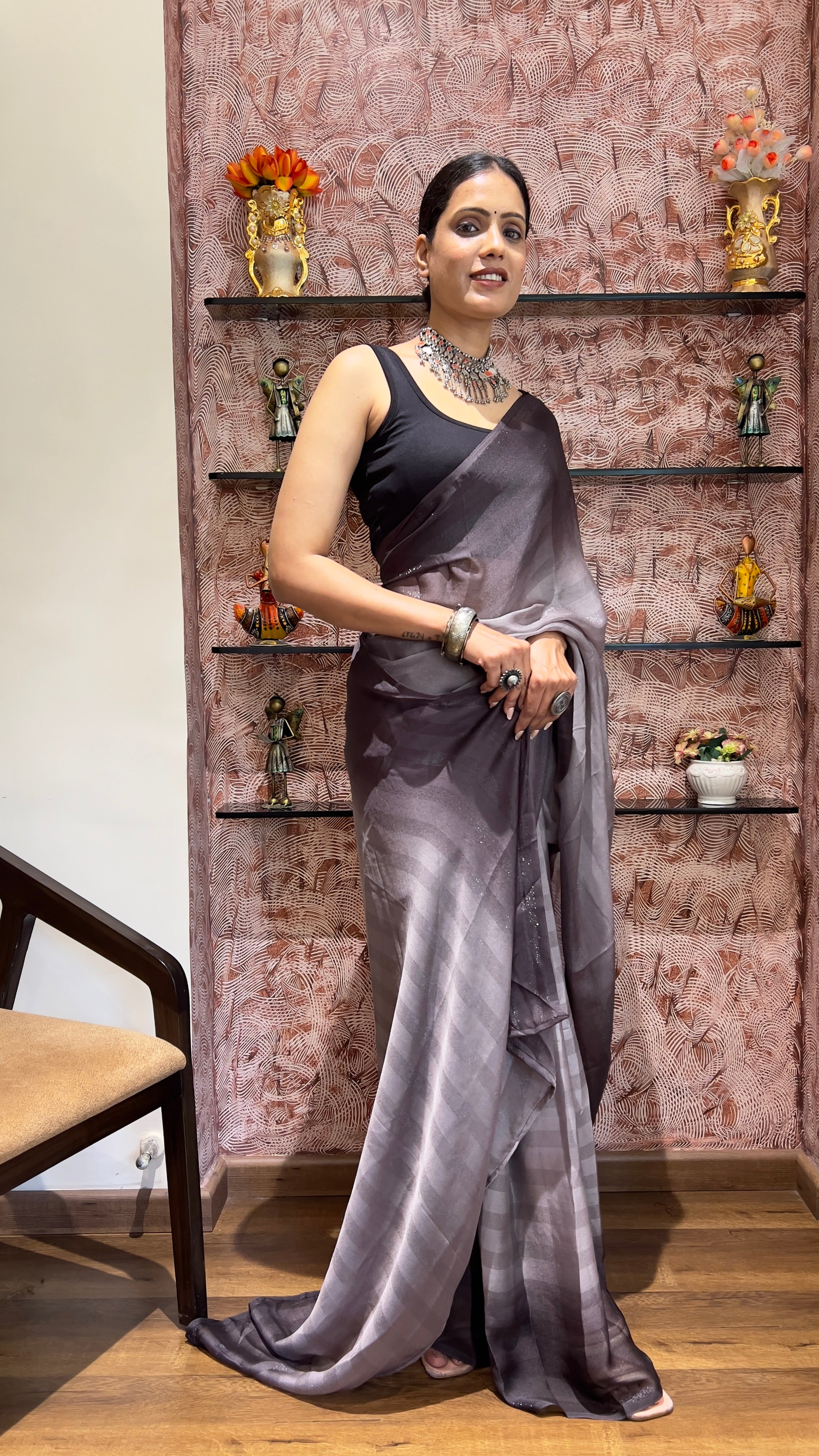 One Minute Ready To Wear New Premium Quality Grey Charm Nylone Rimzim saree