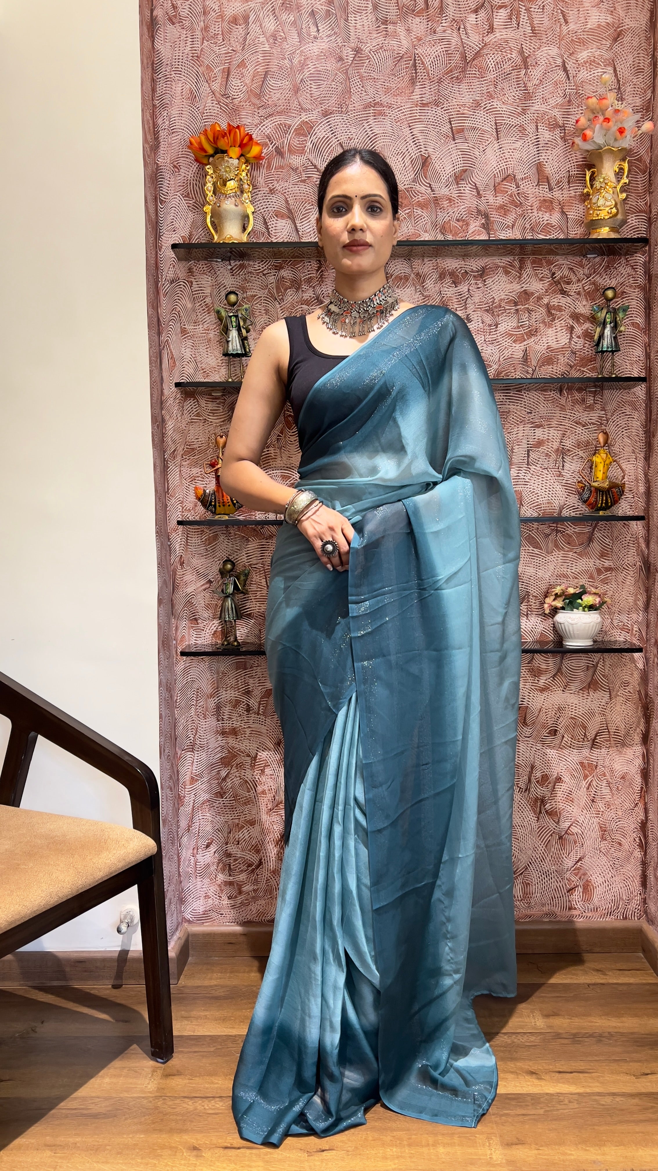 One Minute Ready To Wear New Premium Quality Blue Grace Dreams Nylone Rimzim saree