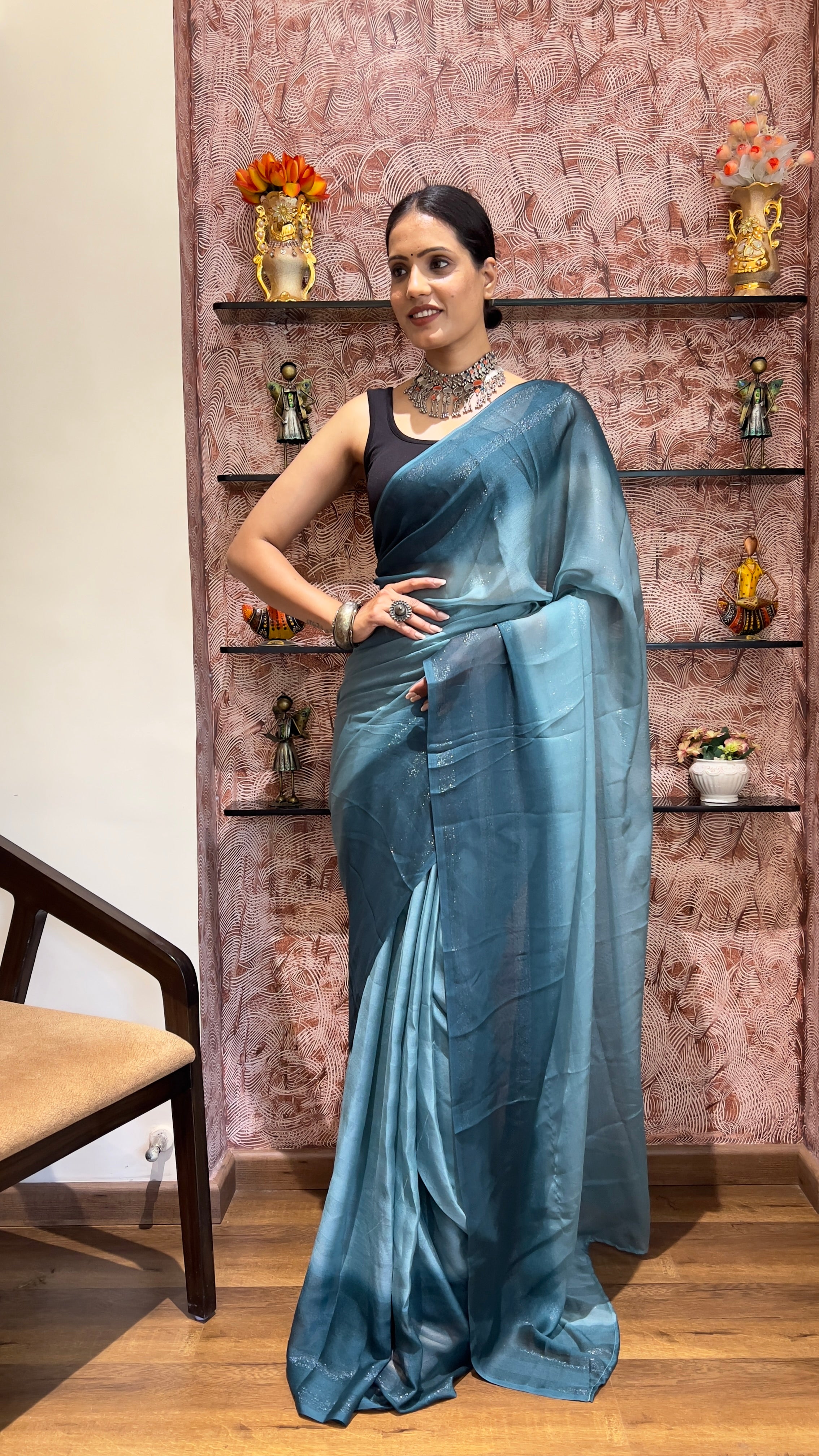 One Minute Ready To Wear New Premium Quality Blue Grace Dreams Nylone Rimzim saree