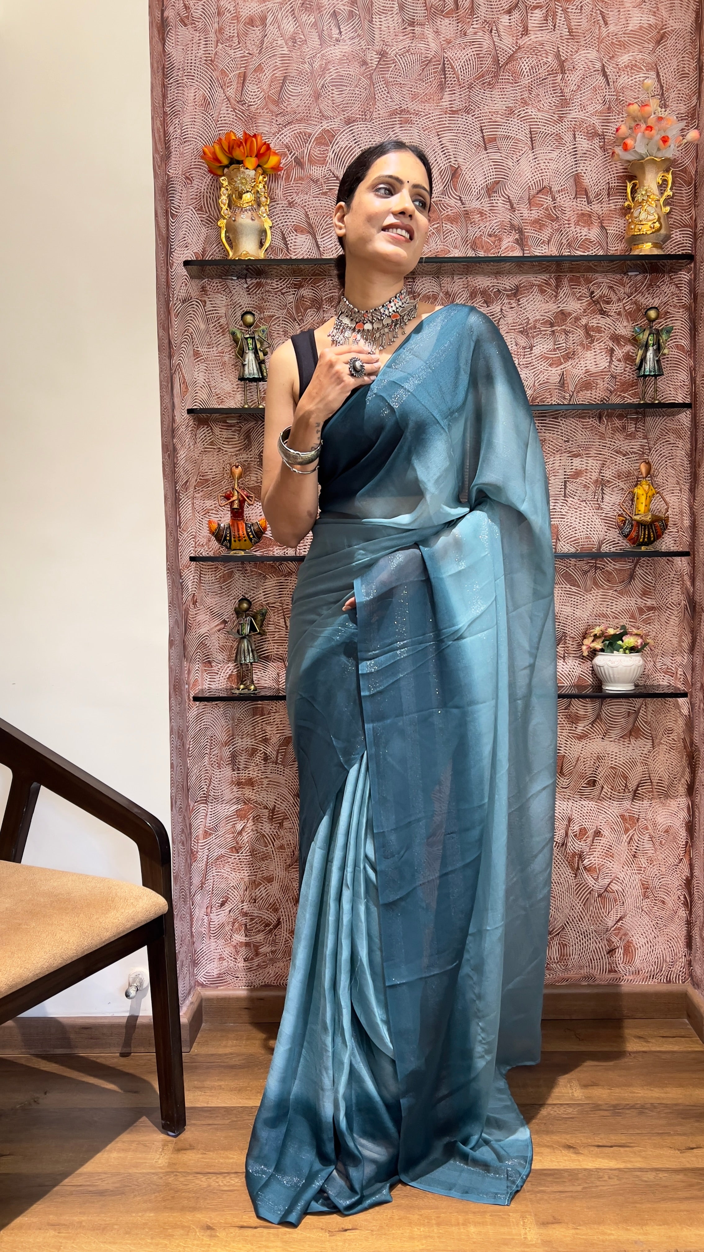 One Minute Ready To Wear New Premium Quality Blue Grace Dreams Nylone Rimzim saree