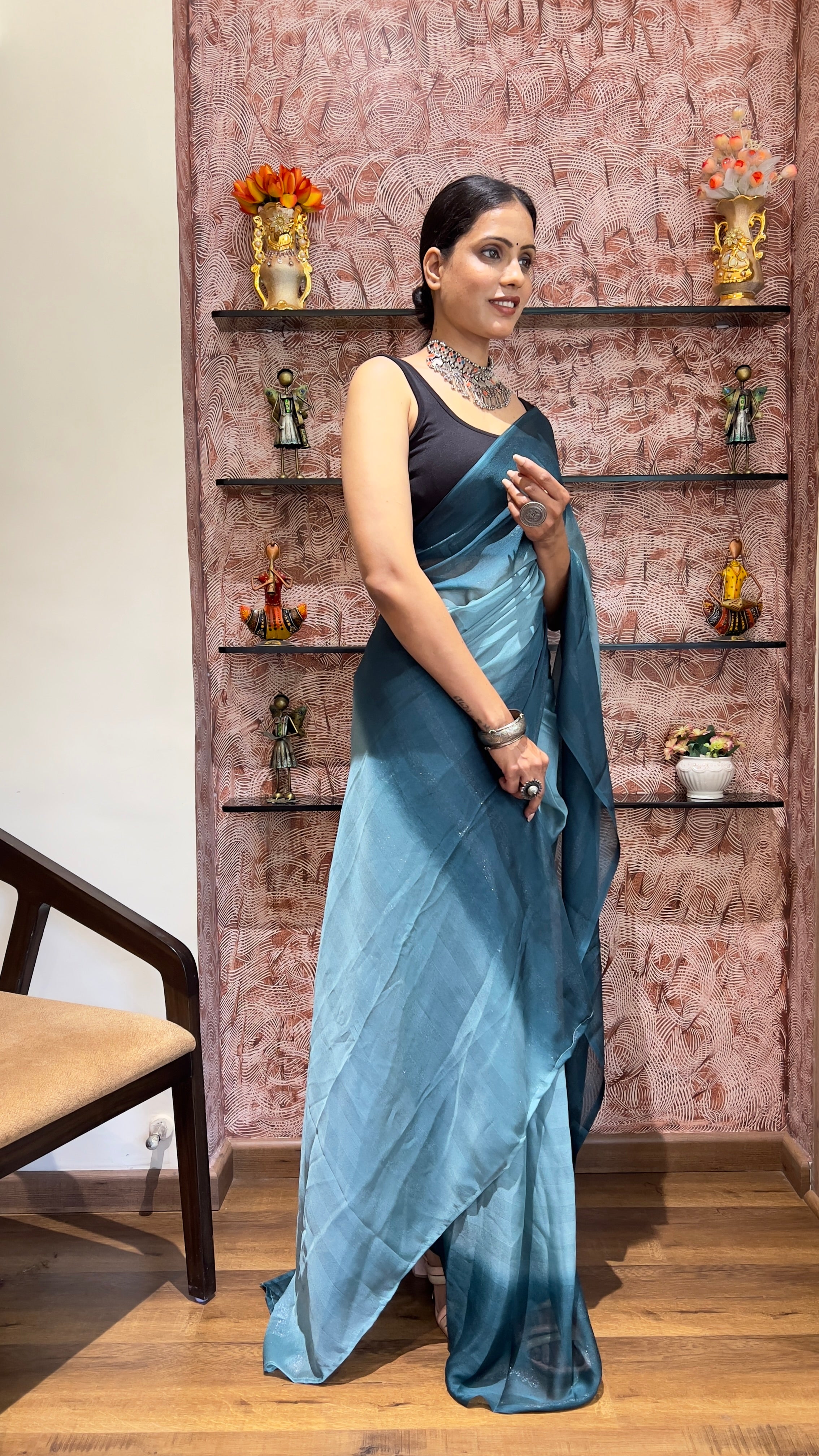 One Minute Ready To Wear New Premium Quality Blue Grace Dreams Nylone Rimzim saree