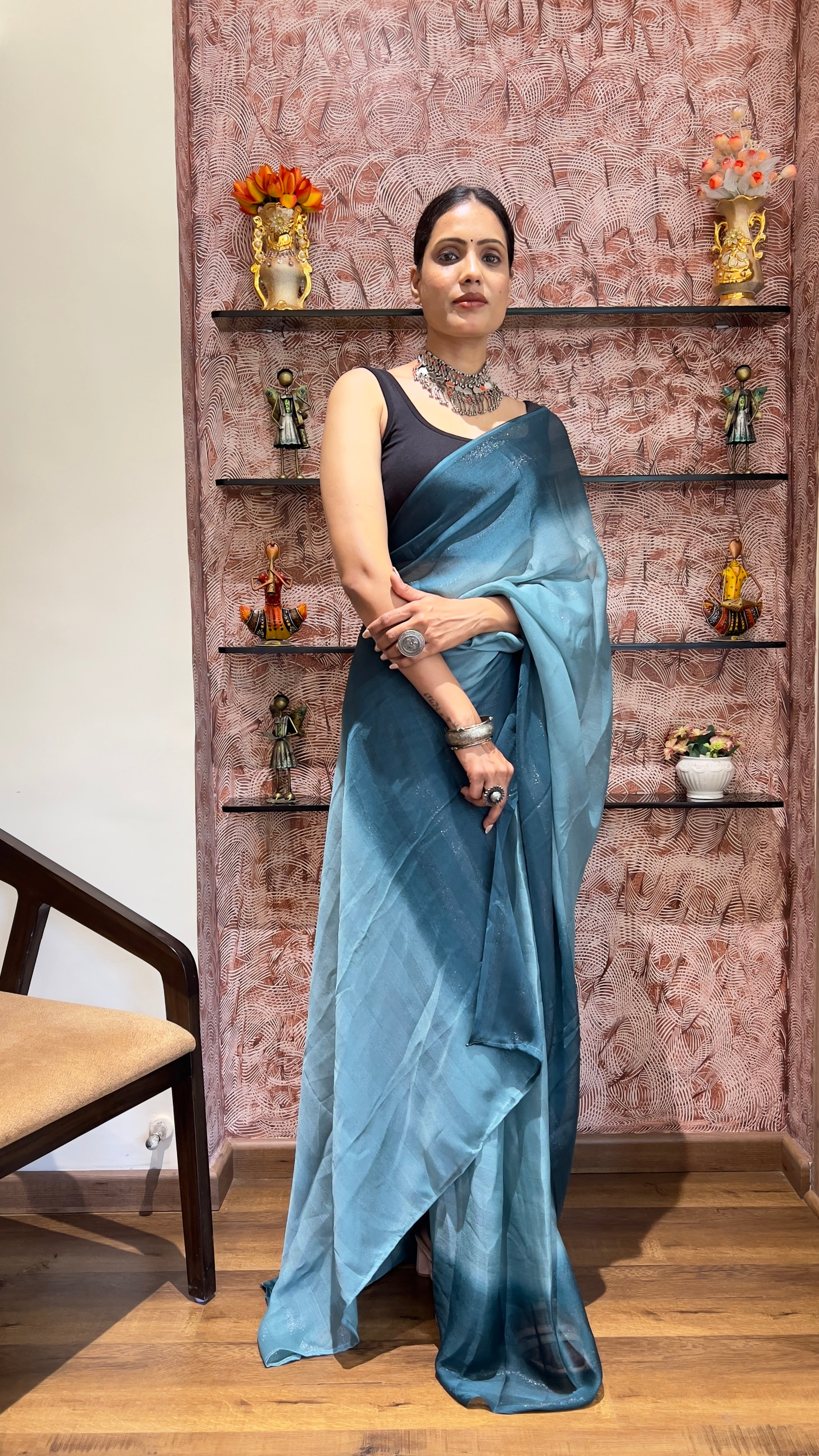 One Minute Ready To Wear New Premium Quality Blue Grace Dreams Nylone Rimzim saree