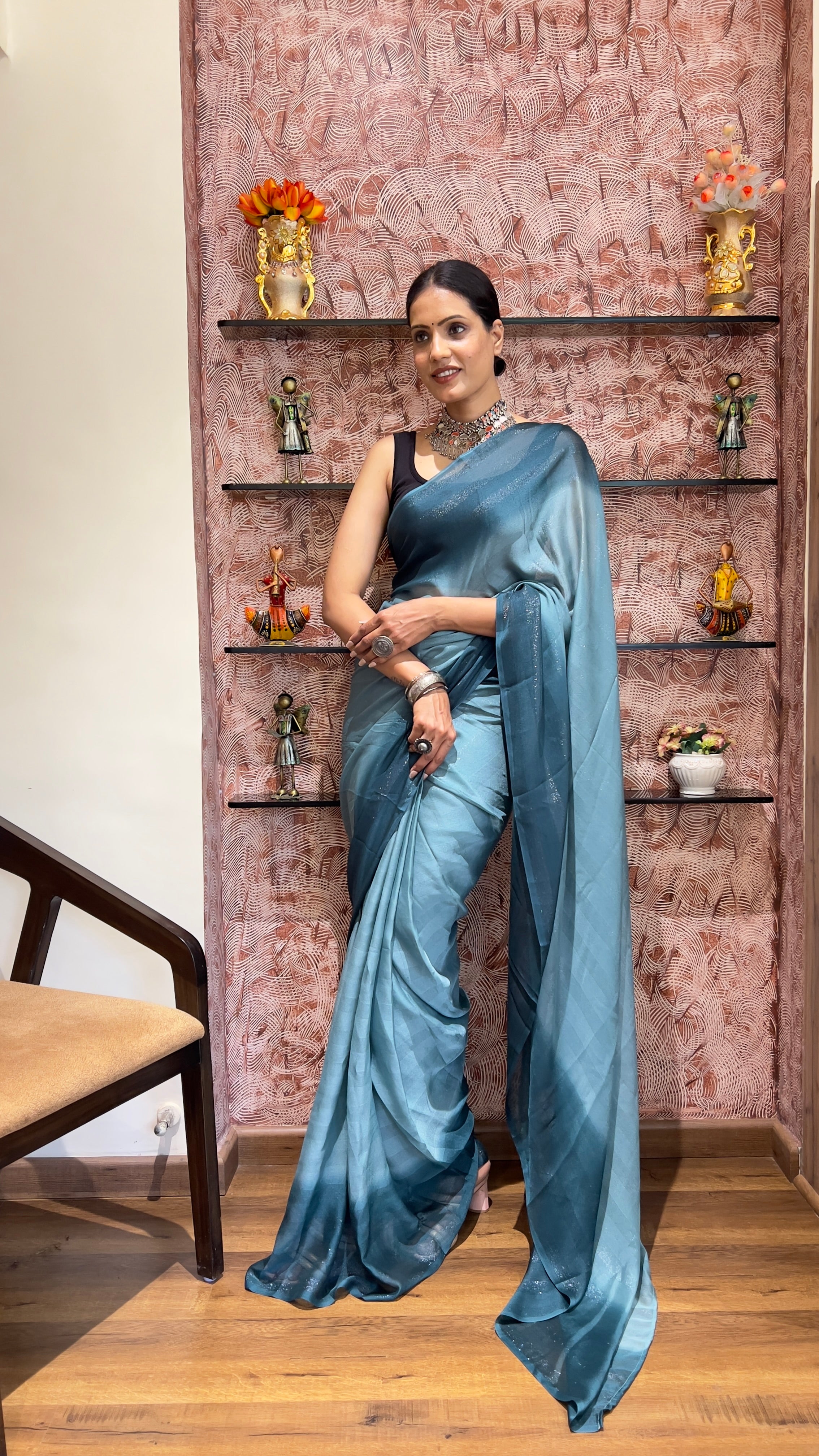 One Minute Ready To Wear New Premium Quality Blue Grace Dreams Nylone Rimzim saree