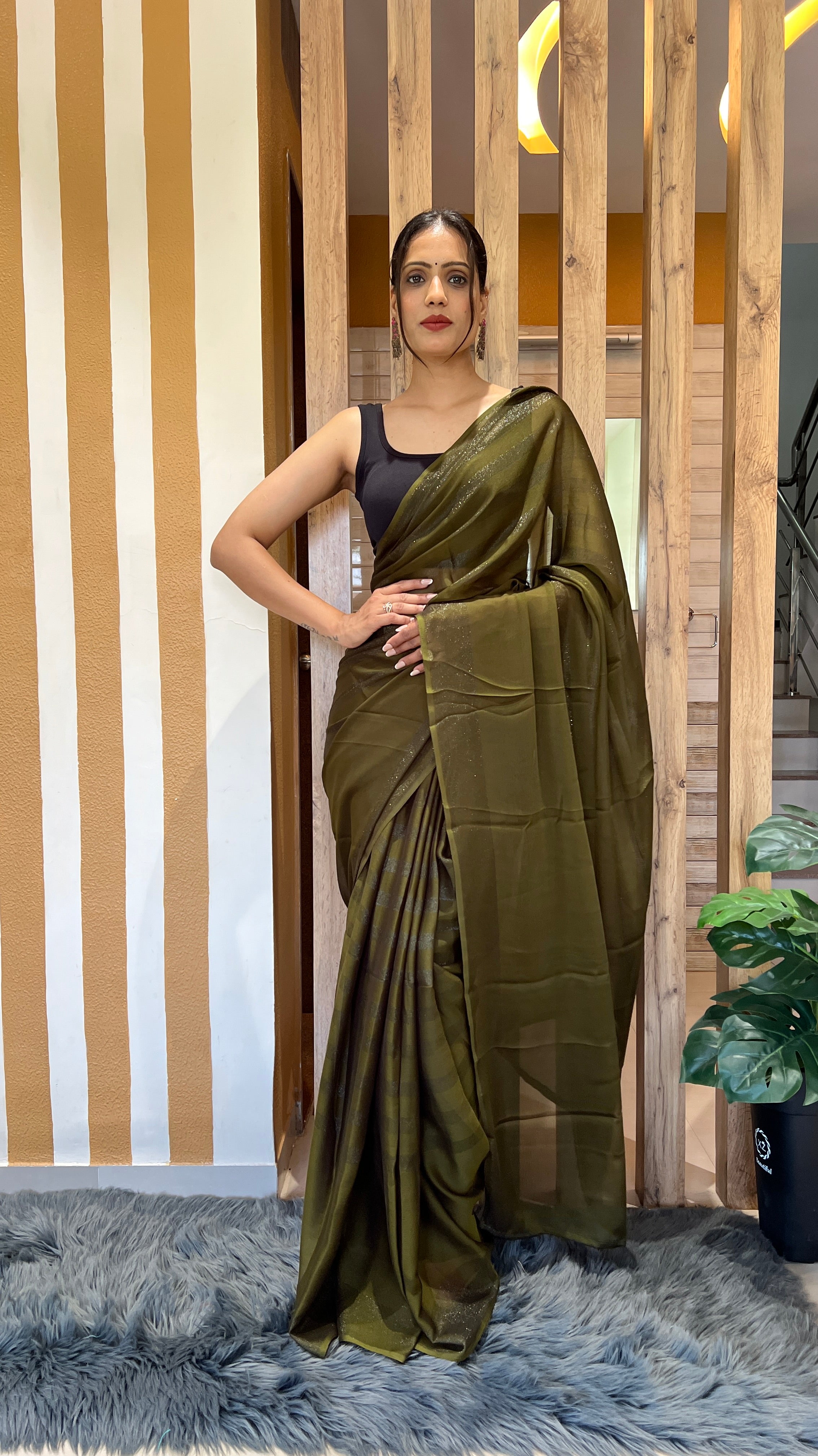 One Minute Ready To Wear New Premium Quality Olive Mahendi Nylone Rimzim saree