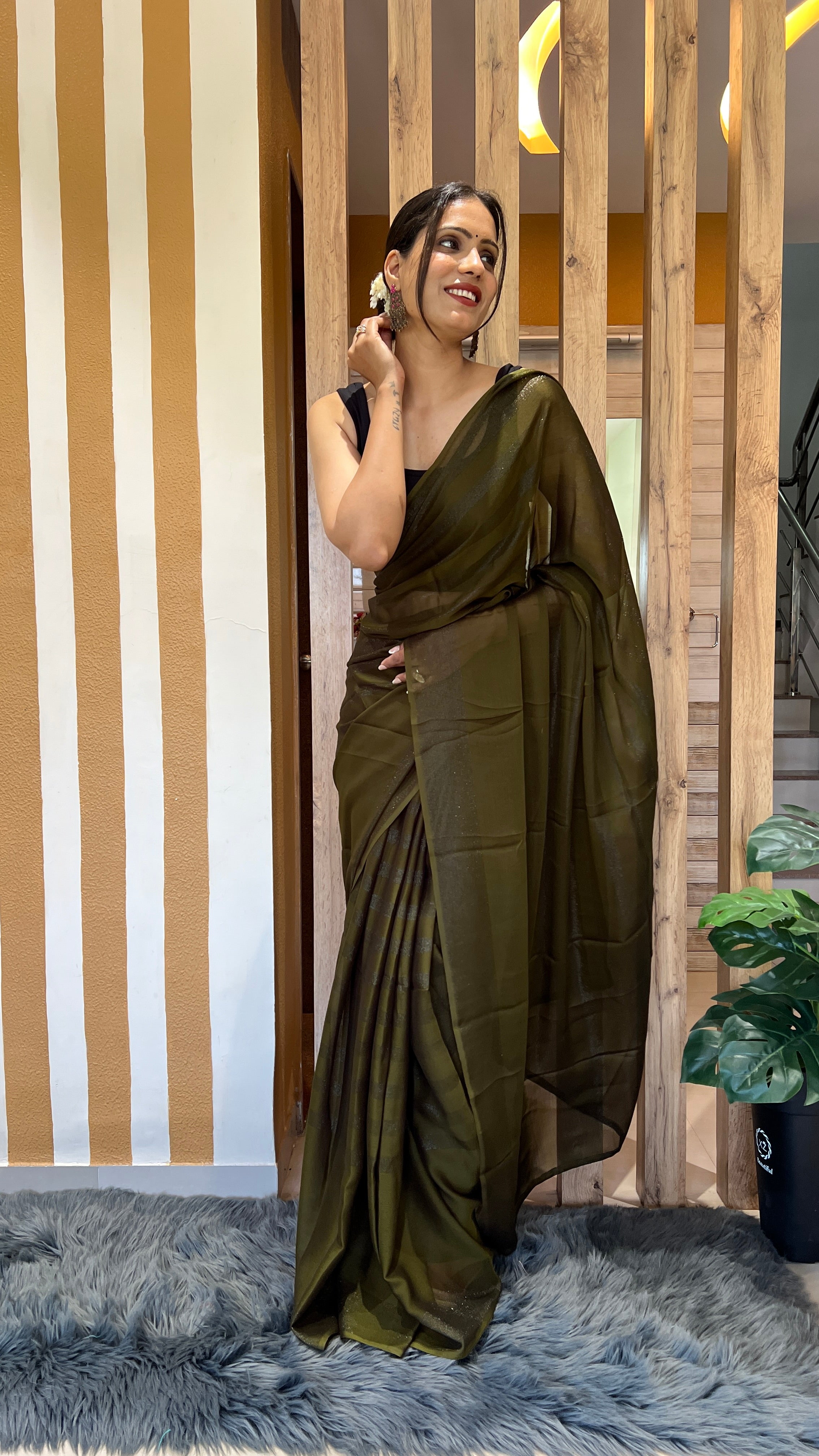 One Minute Ready To Wear New Premium Quality Olive Mahendi Nylone Rimzim saree