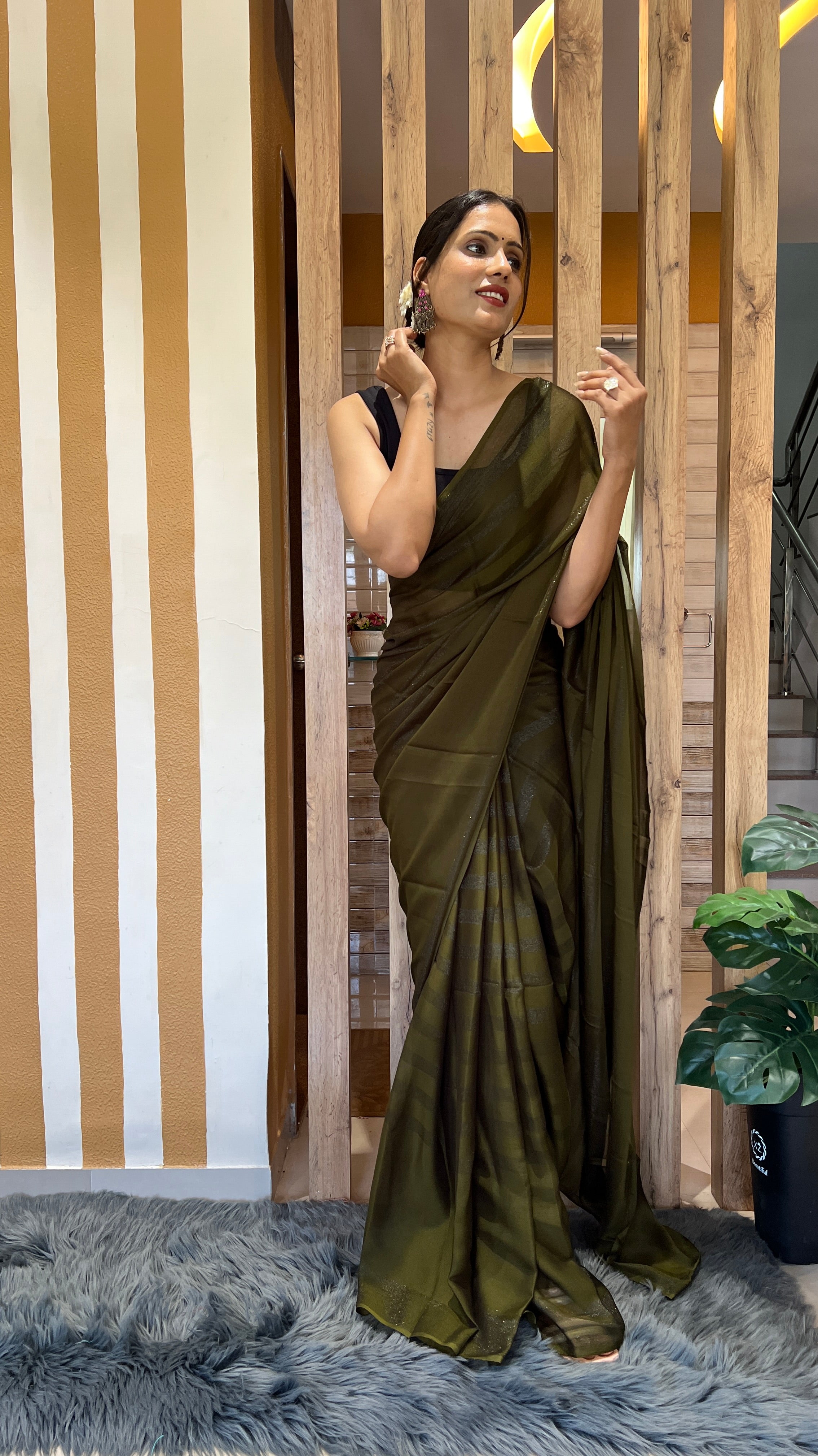 One Minute Ready To Wear New Premium Quality Olive Mahendi Nylone Rimzim saree