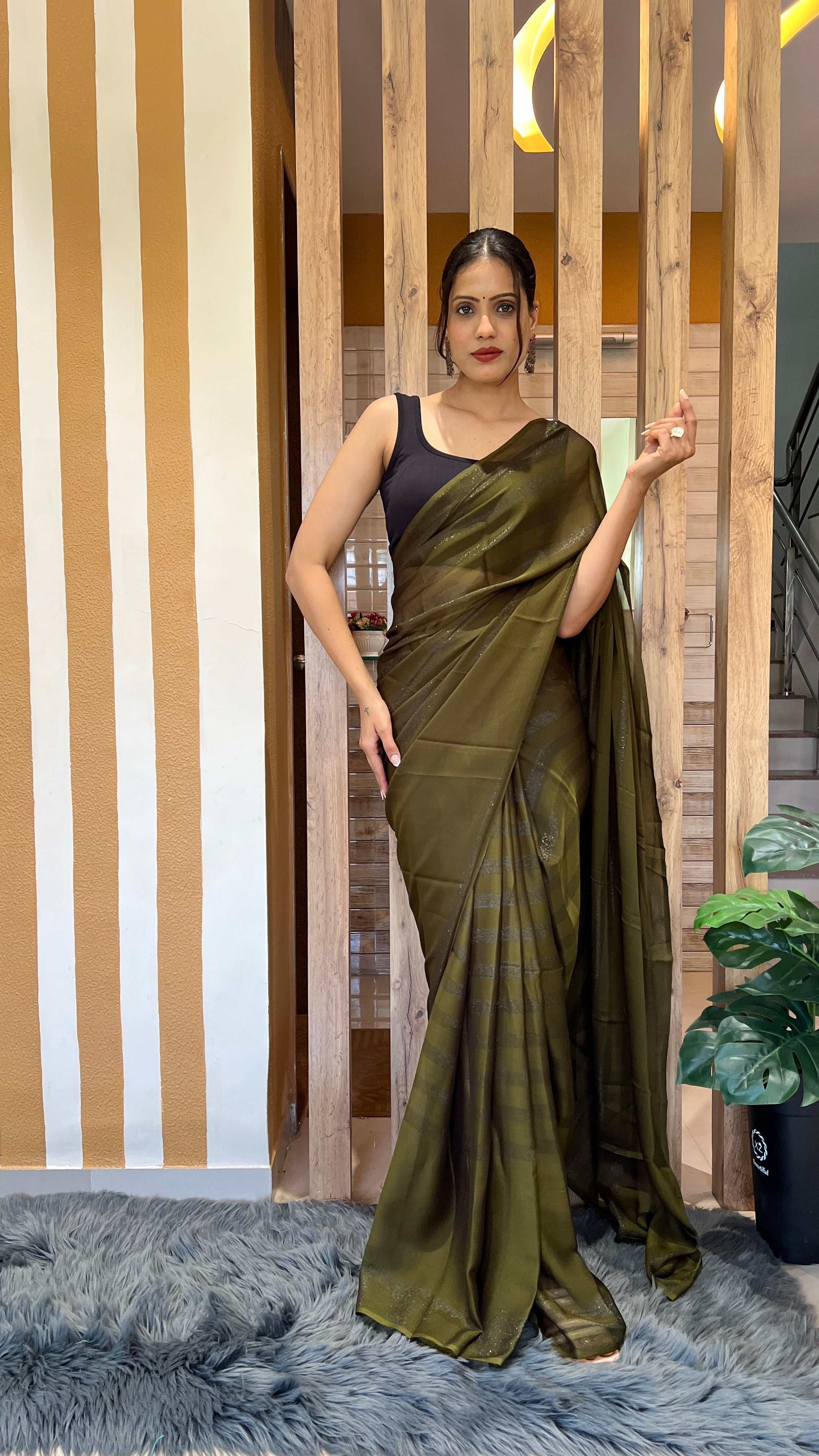 One Minute Ready To Wear New Premium Quality Olive Mahendi Nylone Rimzim saree