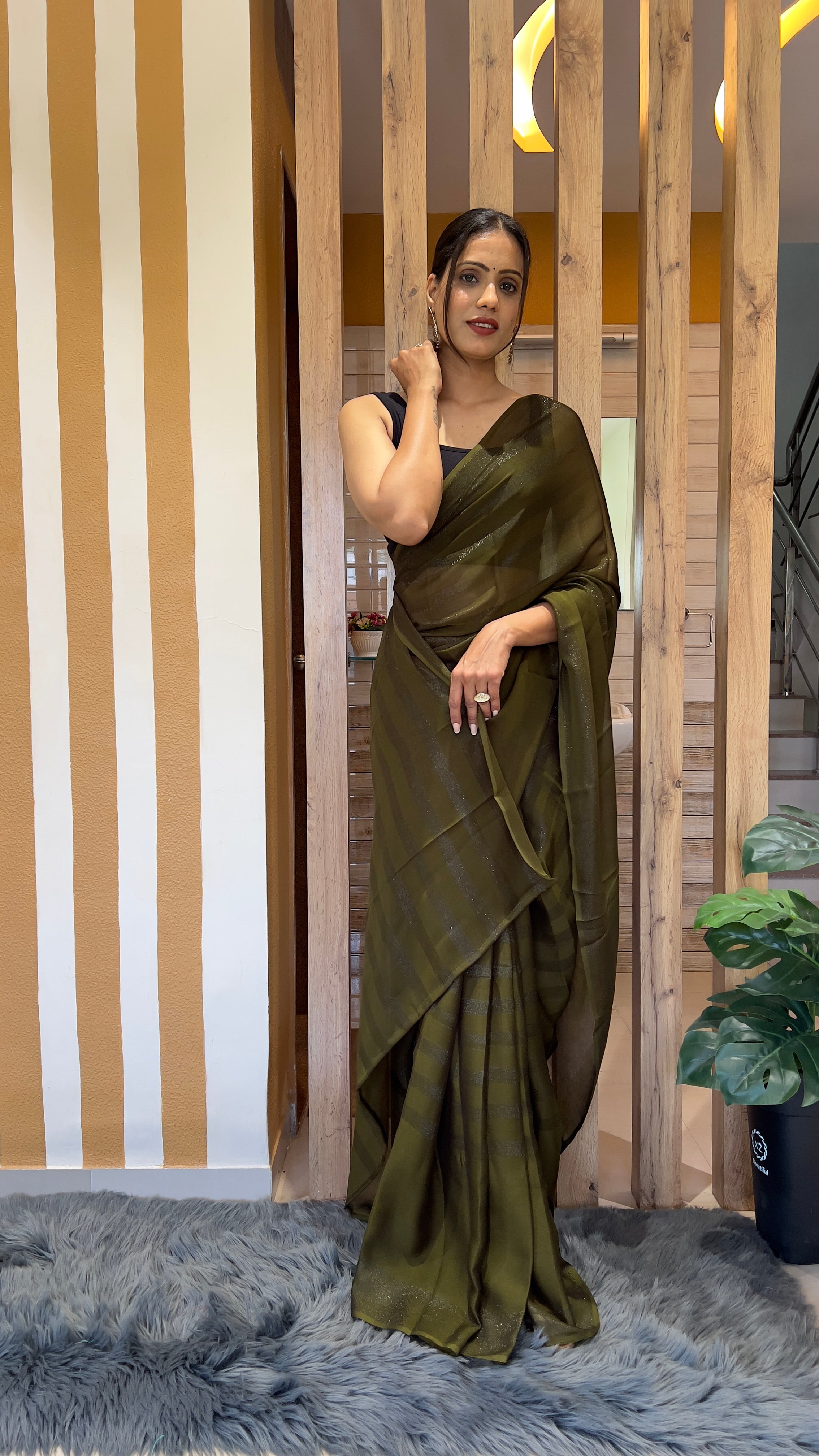 One Minute Ready To Wear New Premium Quality Olive Mahendi Nylone Rimzim saree