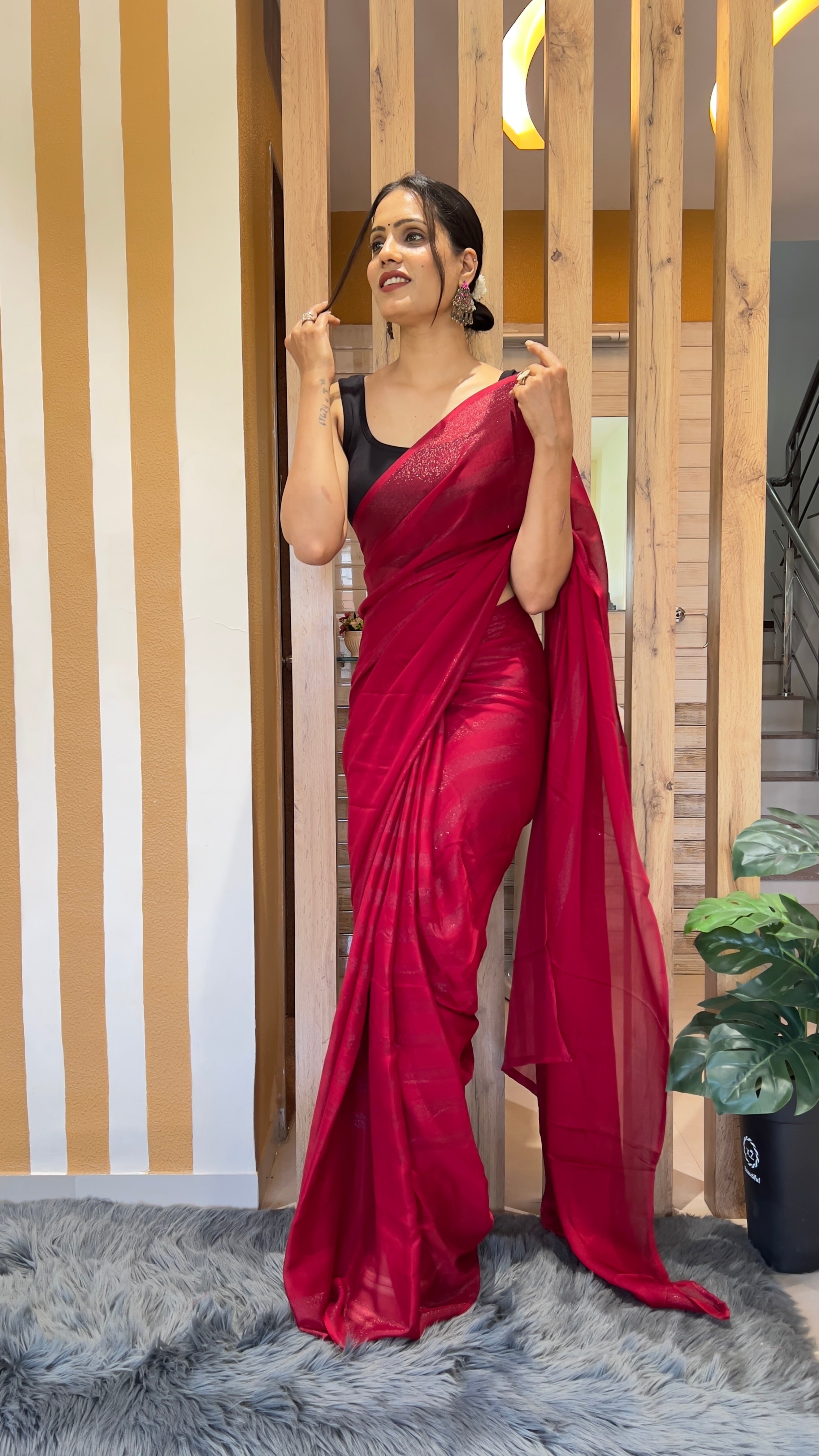 Dhavani One Minute Ready To Wear Red Saree With Unstiched Blouse