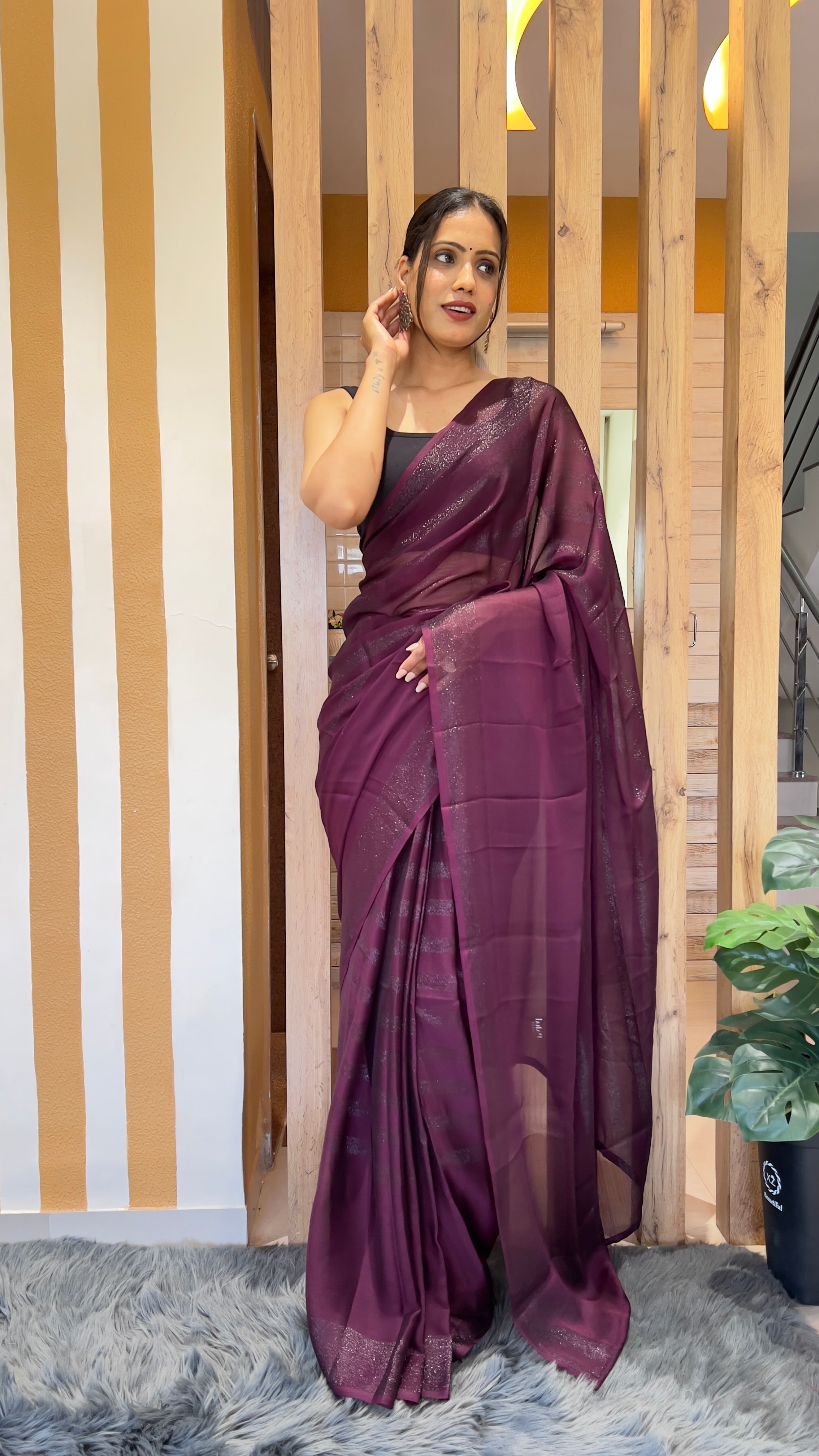 Dhavani One Minute Ready To Wear Wine Saree With Unstiched Blouse