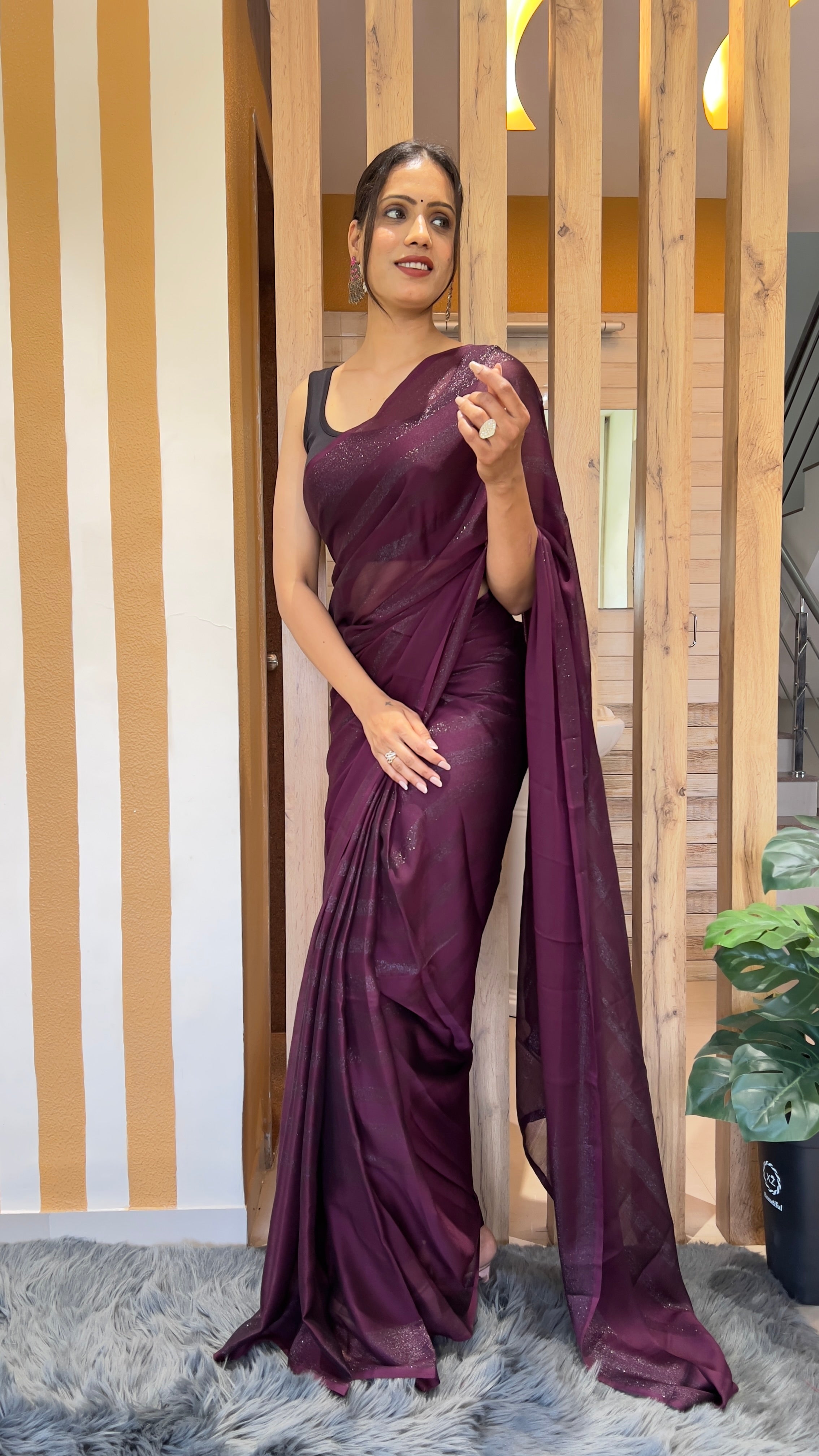 Dhavani One Minute Ready To Wear Wine Saree With Unstiched Blouse