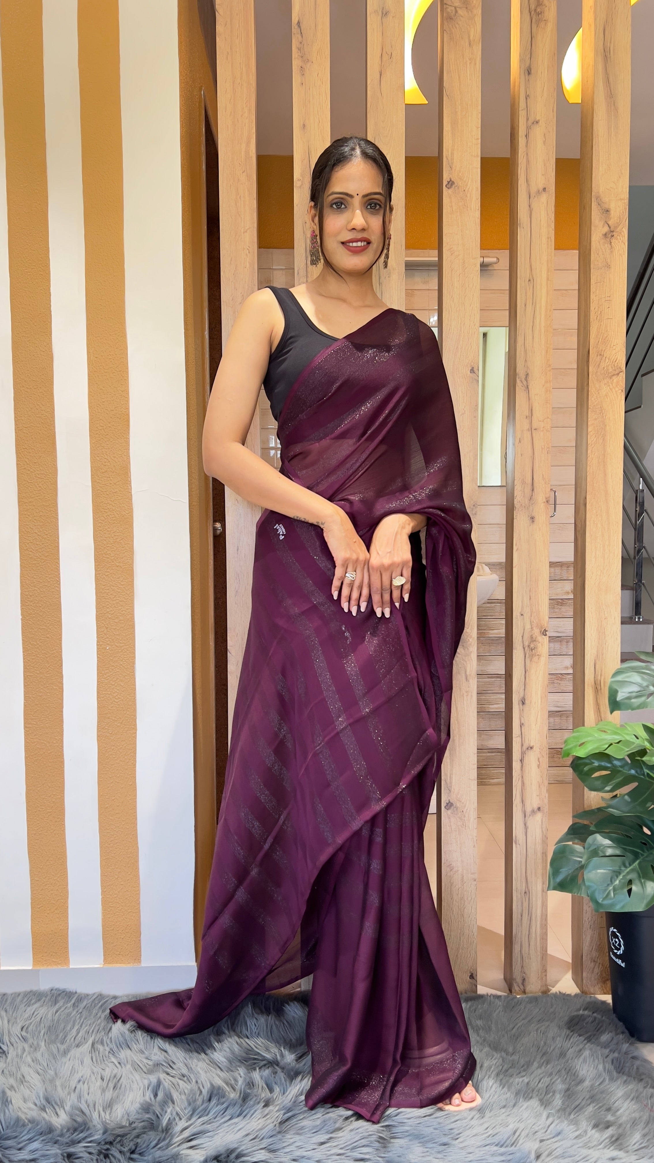 Dhavani One Minute Ready To Wear Wine Saree With Unstiched Blouse