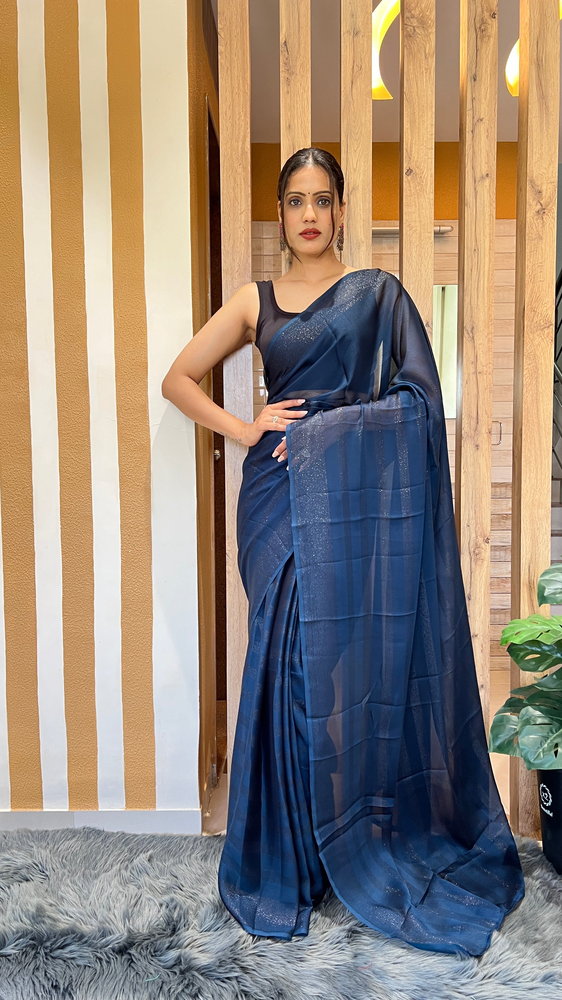 One Minute Ready To Wear New Premium Quality Blue Velvet Drapes Nylone Rimzim saree