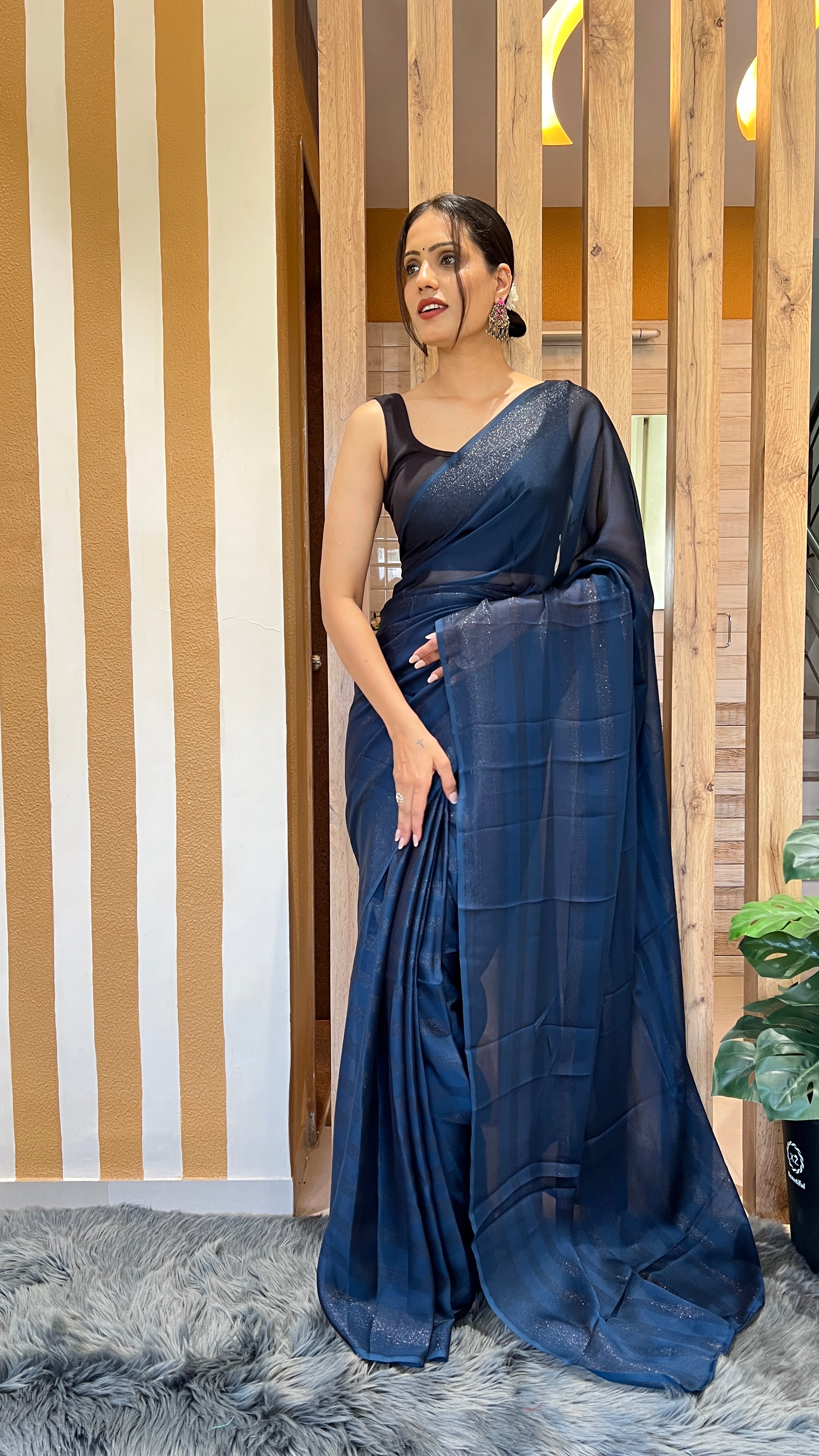 One Minute Ready To Wear New Premium Quality Blue Velvet Drapes Nylone Rimzim saree