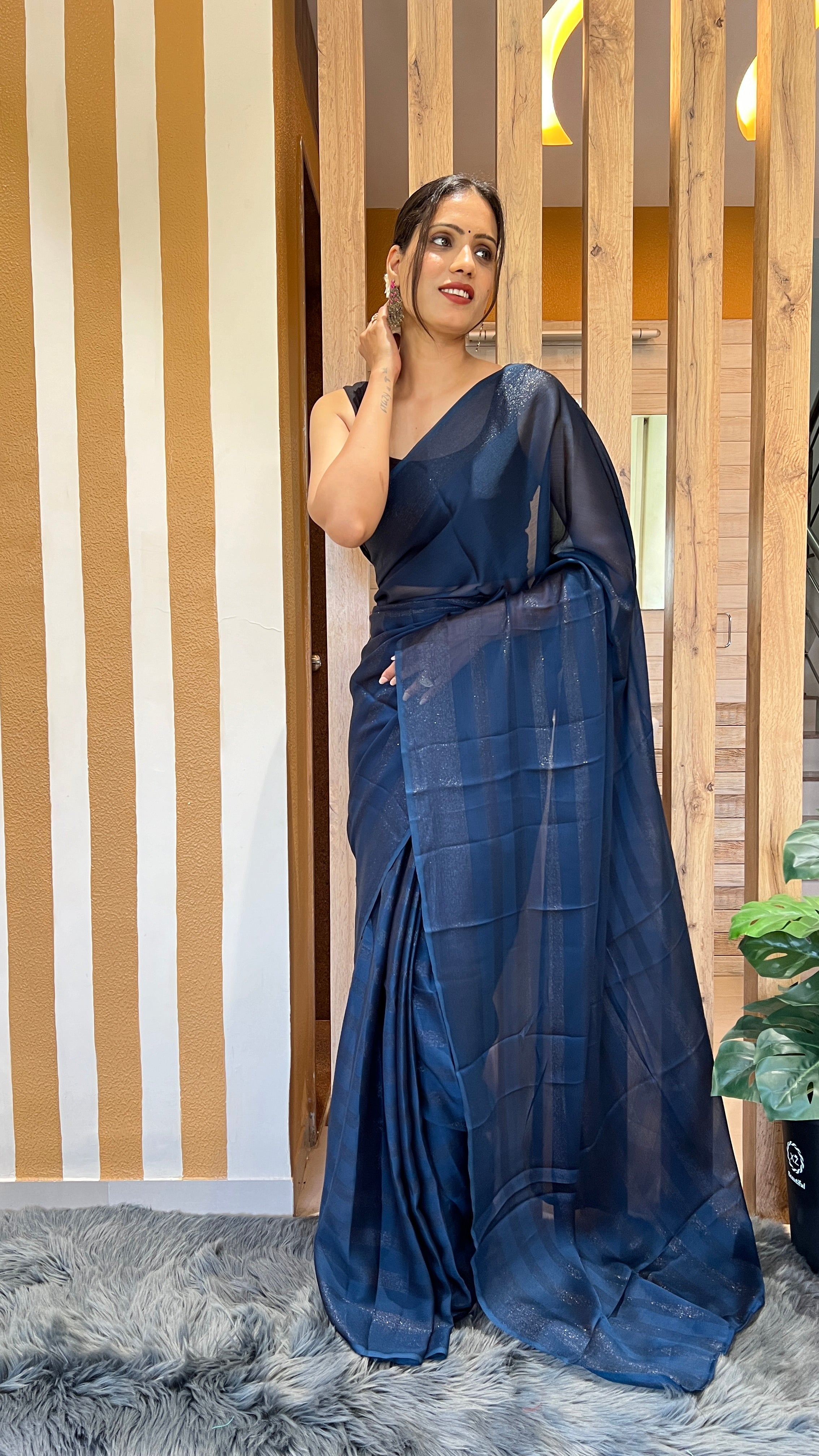 One Minute Ready To Wear New Premium Quality Blue Velvet Drapes Nylone Rimzim saree