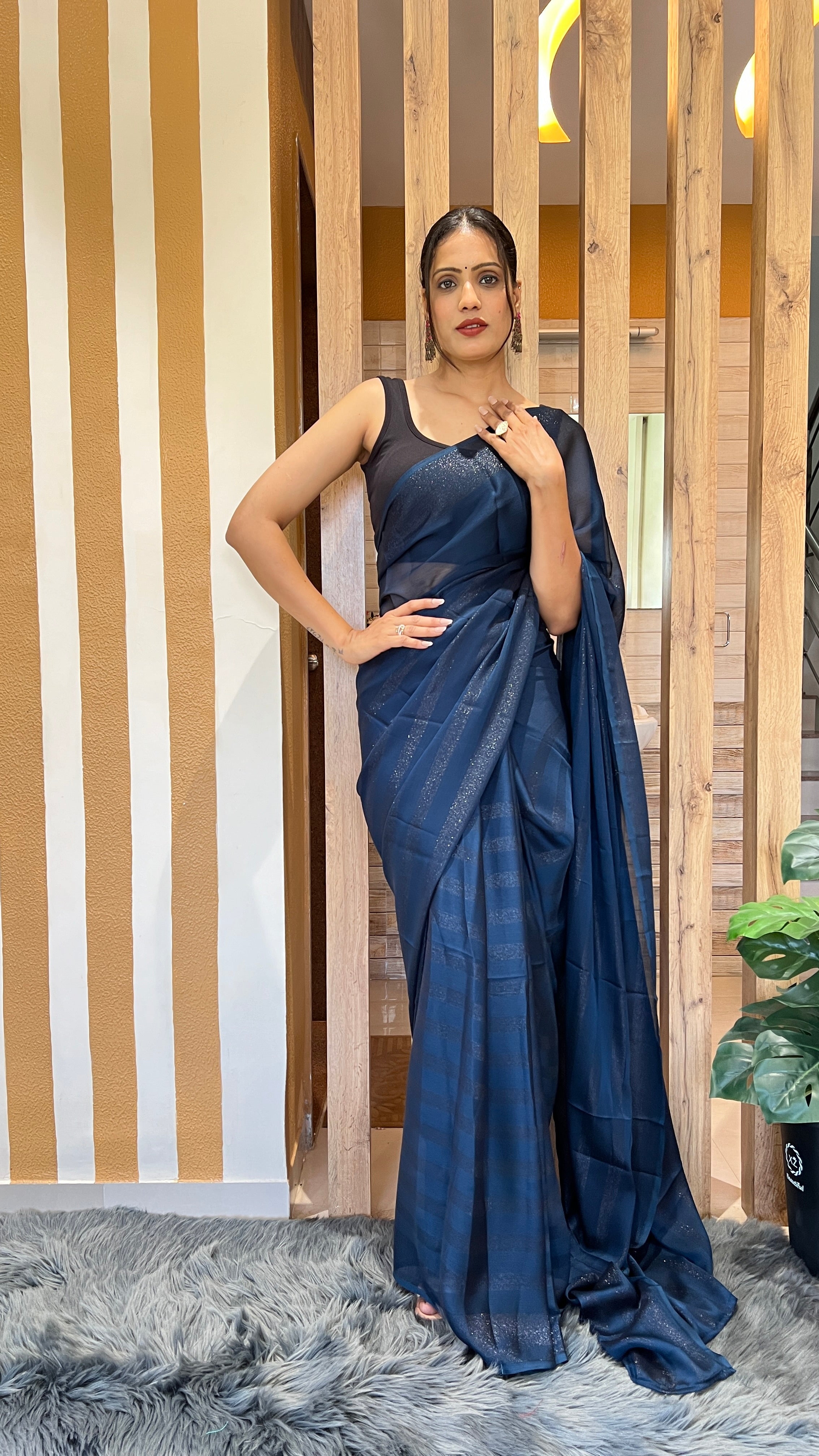 One Minute Ready To Wear New Premium Quality Blue Velvet Drapes Nylone Rimzim saree