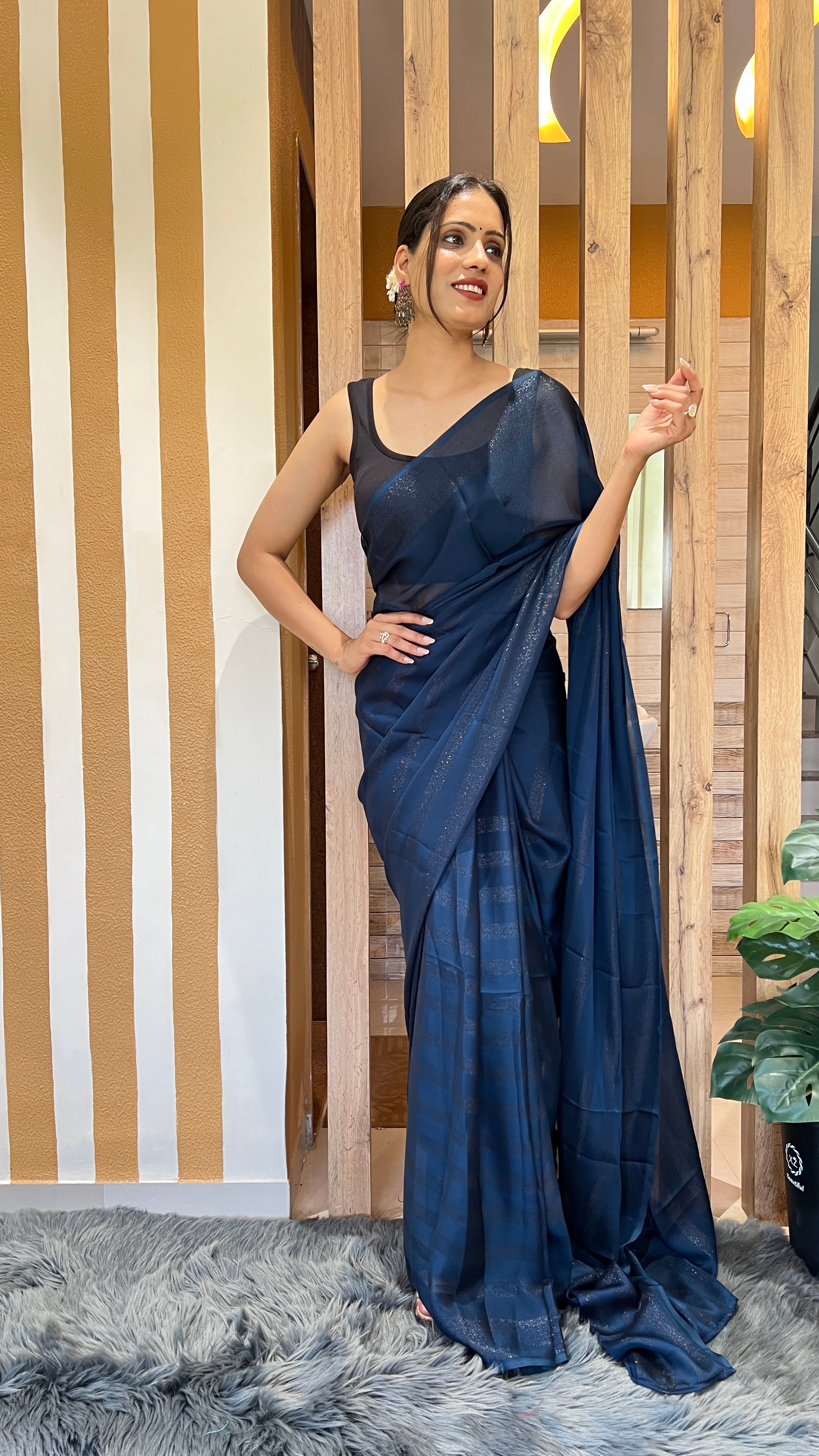 Dhavani One Minute Ready To Wear Blue Saree With Unstiched Blouse